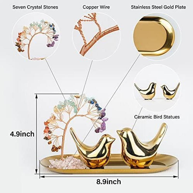 Zenbless Crystals Tree,Small Birds Statue,7 Chakra Healing Crystals Stones Tree Storage Tray Yoga Meditation Zen Room Office Home Decor Set Figurine Ornament Decoration Feng Shui Wealth Luck image number 3