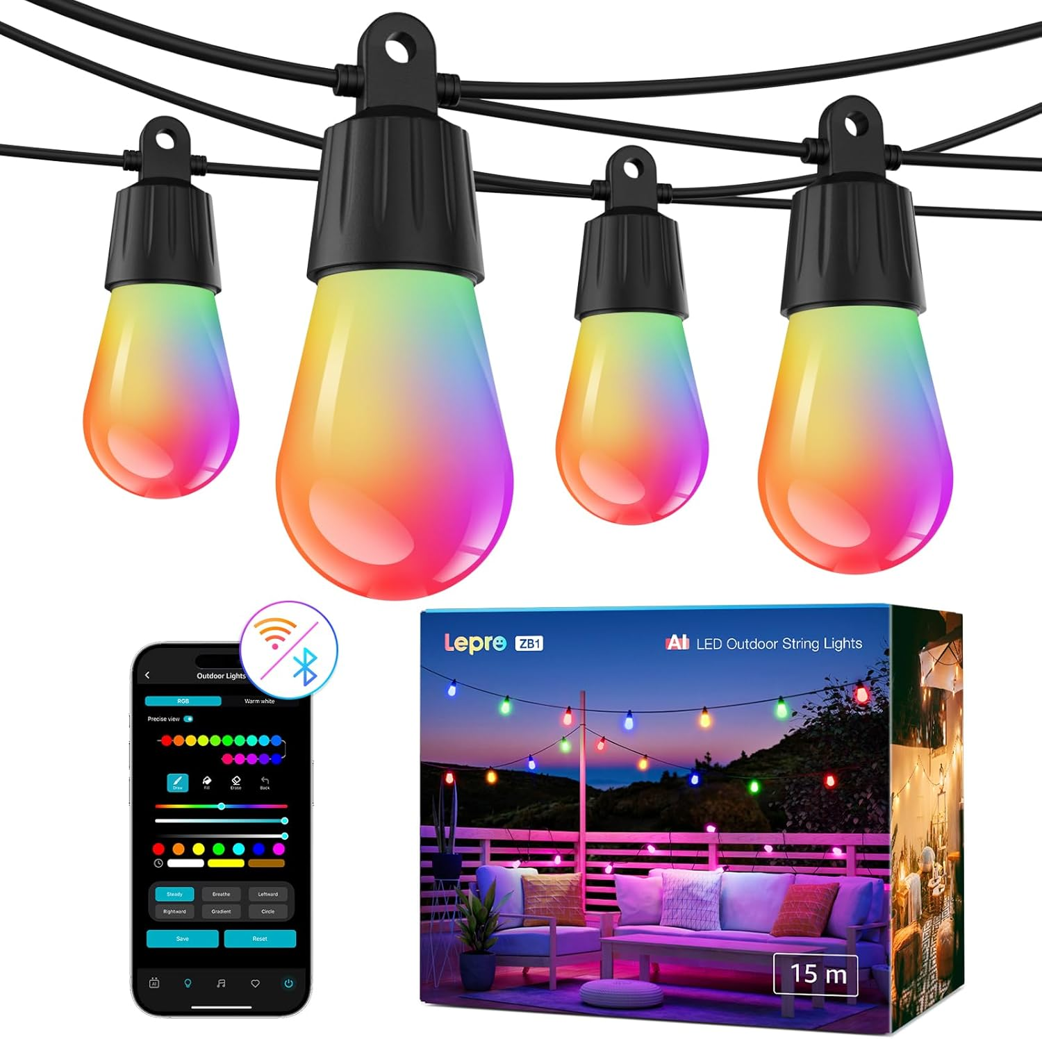Lepro ZB1 AI Christmas Outdoor String Lights 15M, Smart Festoon Lights Outdoor Waterproof IP65, Warm White & RGB Colour Changing, Personalized AI Lighting Designer, Compatible with Alexa, 2.4G Wifi image number 1