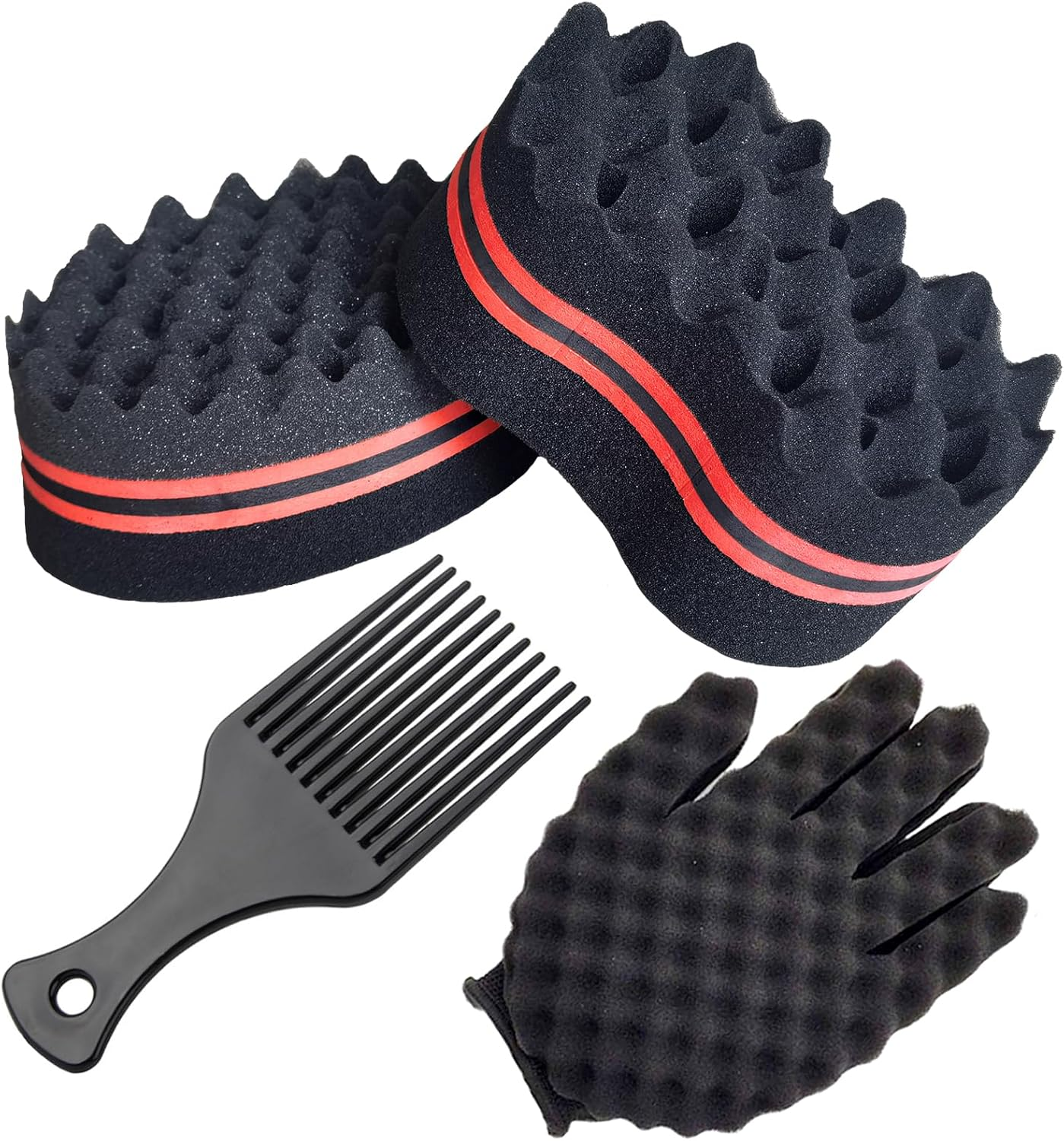 ARJDXDP 4 Pcs Hair Sponge Brush, Big and Small Holes Hair Sponge Brush with Combs and Gloves, 4 in 1 Afro Twist Comb Set for Barber and Home image number 5