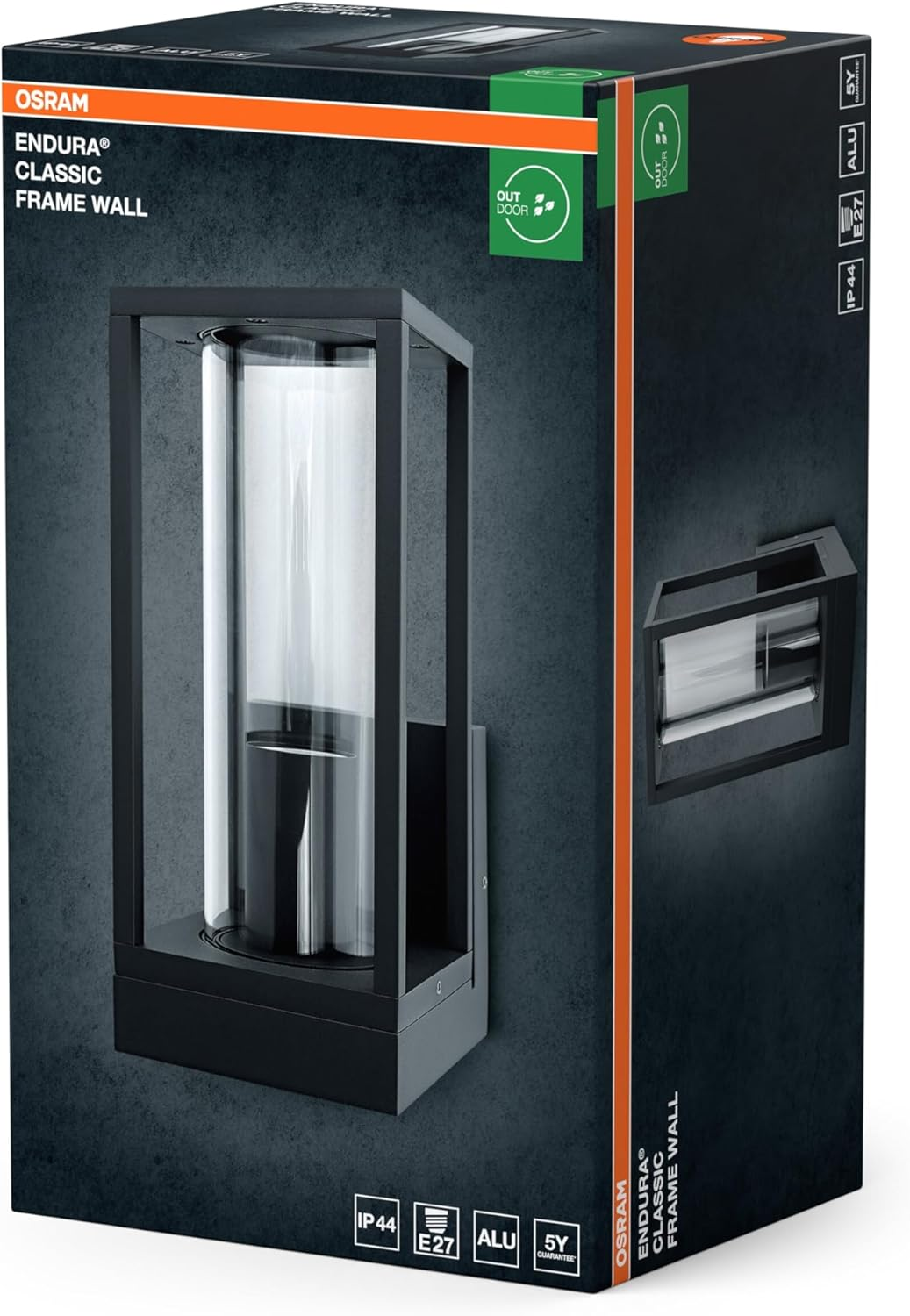 OSRAM Outdoor Wall Light E27 Aluminium Clear Glass IP44 Dark Grey Rectangular Design 140 X 110 X 245 Mm Fixings Included image number 3