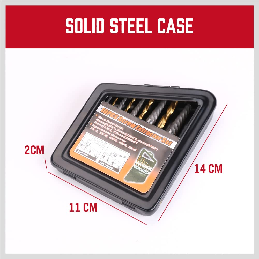 10-Piece High-Speed Steel Screw Extractor & Drill Bit Set - Spiral Flute Broken Bolt Remover, Easily Remove Stripped or Damaged Screws, Left-Hand Drill-Bit - Complete Set with Metal Index Case