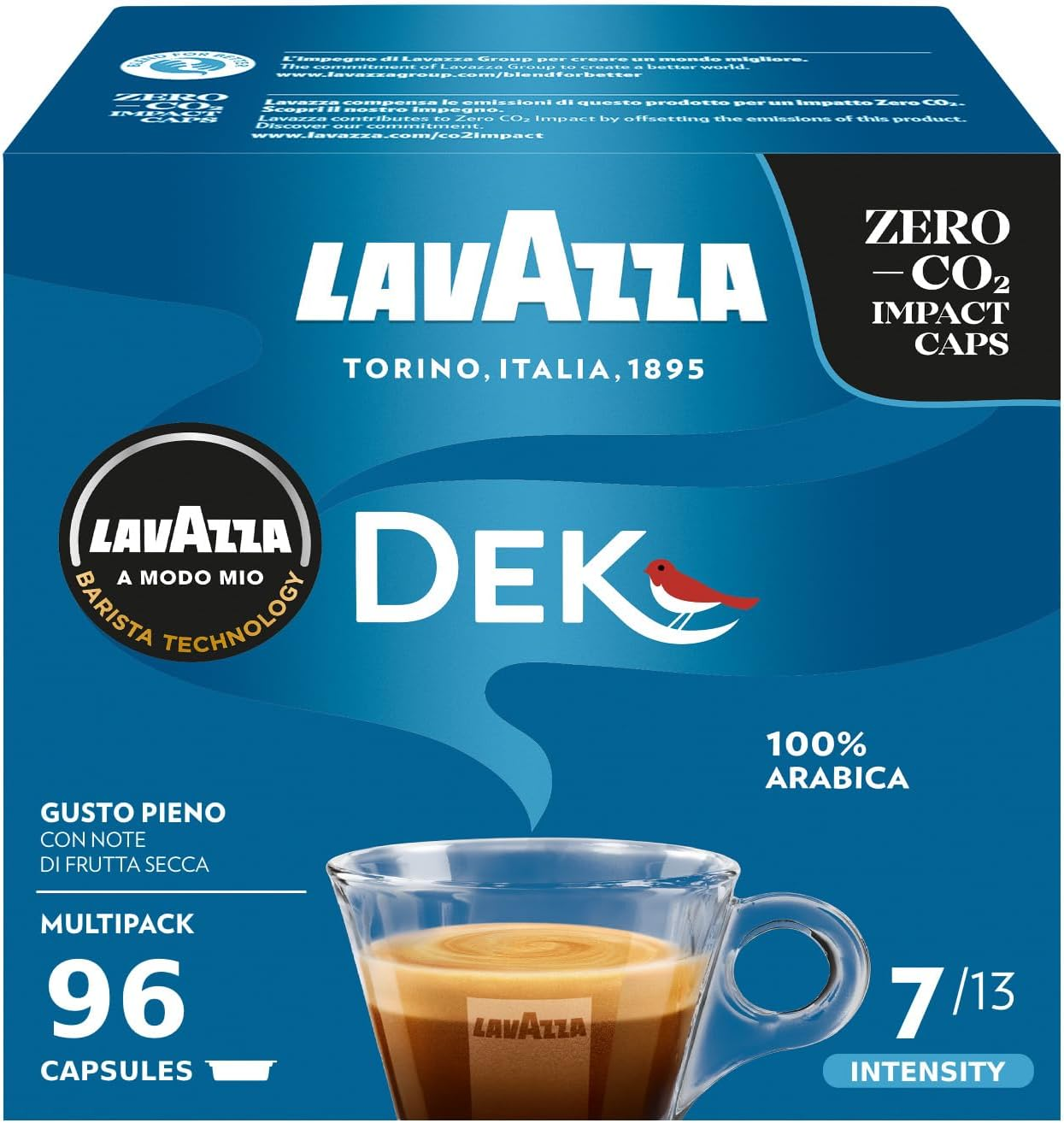 Lavazza, a Modo Mio Dek Cremoso, 96 Coffee Pods, Decaffeinated Coffee Pods Espresso, 100% Arabica, Full and Balanced Taste, Intensity 7/10, Medium Roasting, 6 Packs of 16 Coffee Pods