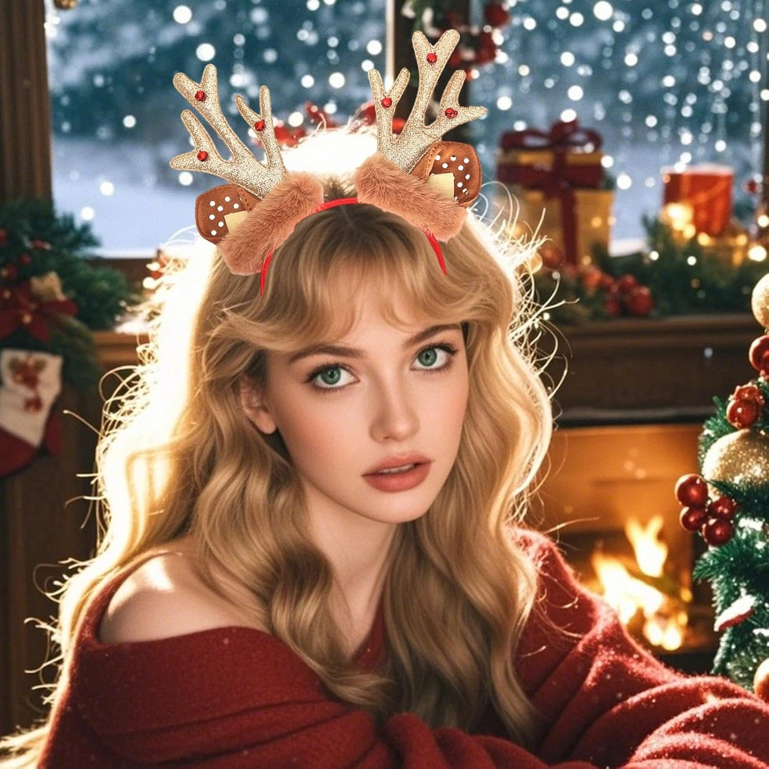 Christmas Reindeer Antler Headband - Christmas Fun Decorative Headband - Winter Festival Deer Antler Headwear with Bell for Holiday Costume image number 1