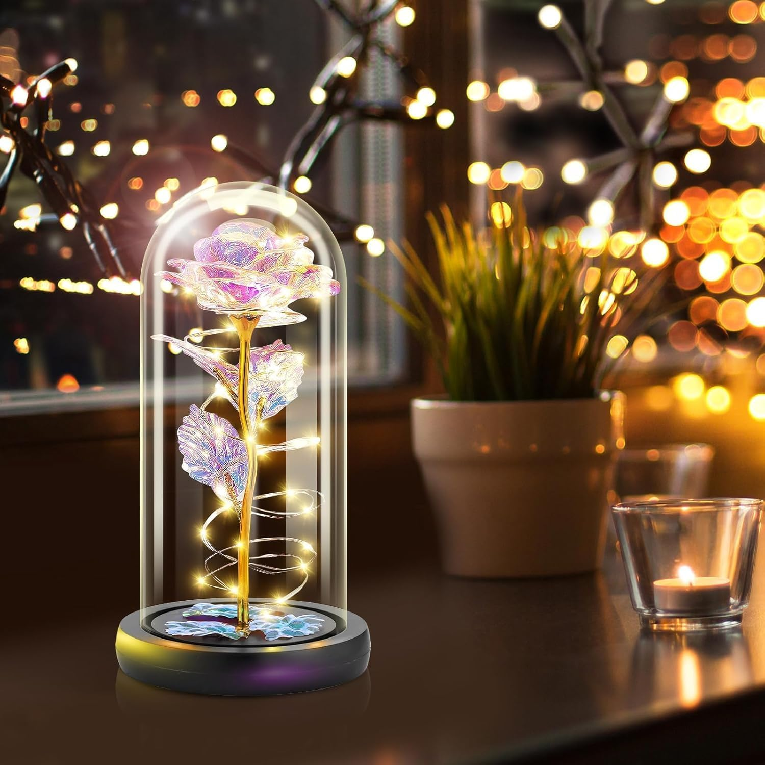 Gifts for Women, Mothers Day Flowers Gifts for Mom from Daughter Son, Valentines, Colorful Rainbow Light up Rose in a Glass Dome Mom Birthday Presents for Her Wife Grandma (Colourful) - Purple image number 7