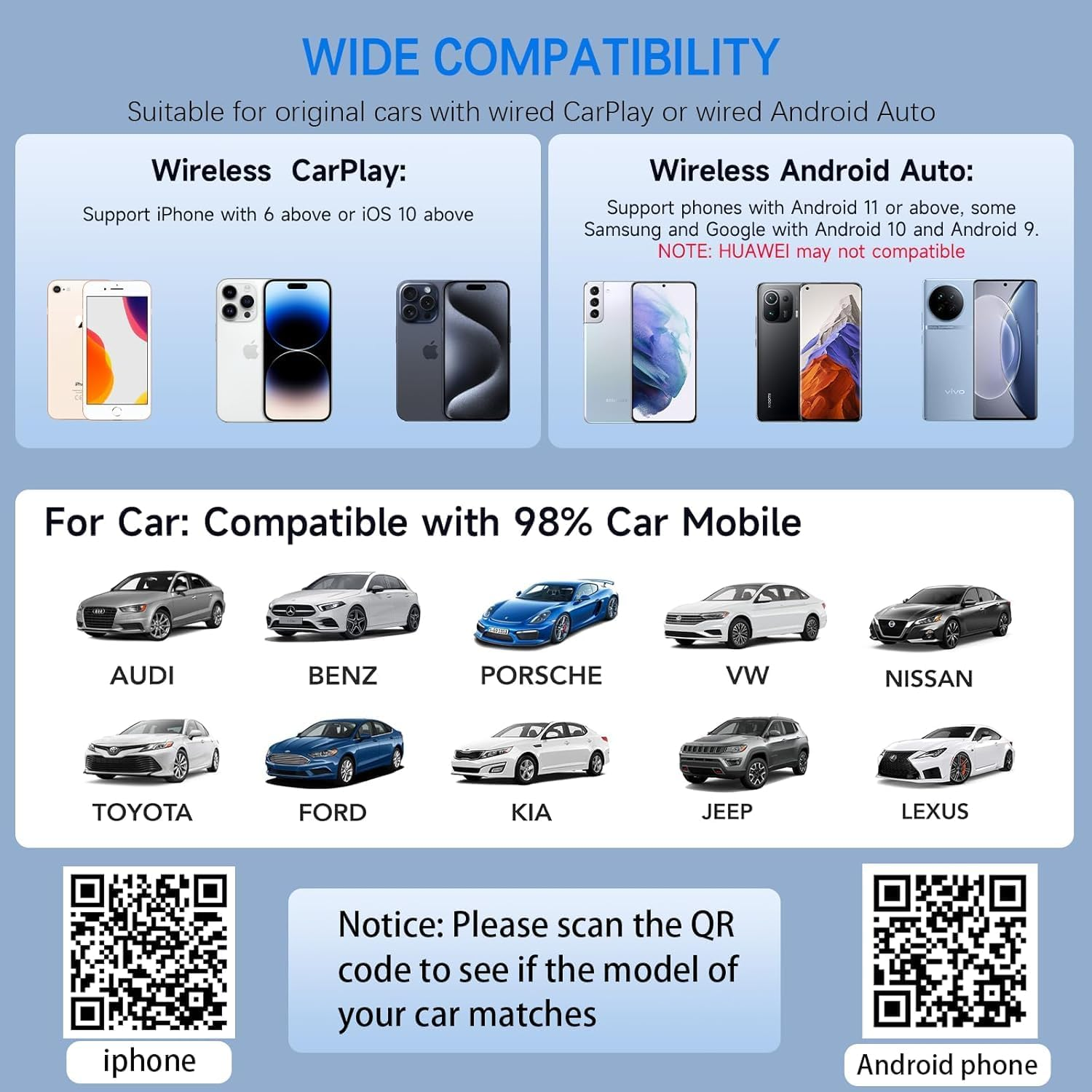 Mini Wireless Carplay Adapter, Convert Wired to Wireless Car Play & Android Auto 2-In-1 Adapter for Apple Iphone & Android Phone, Plug & Play, Auto Connect, No Delay, W/Usb C for Ios 10+ Android 11+ image number 1