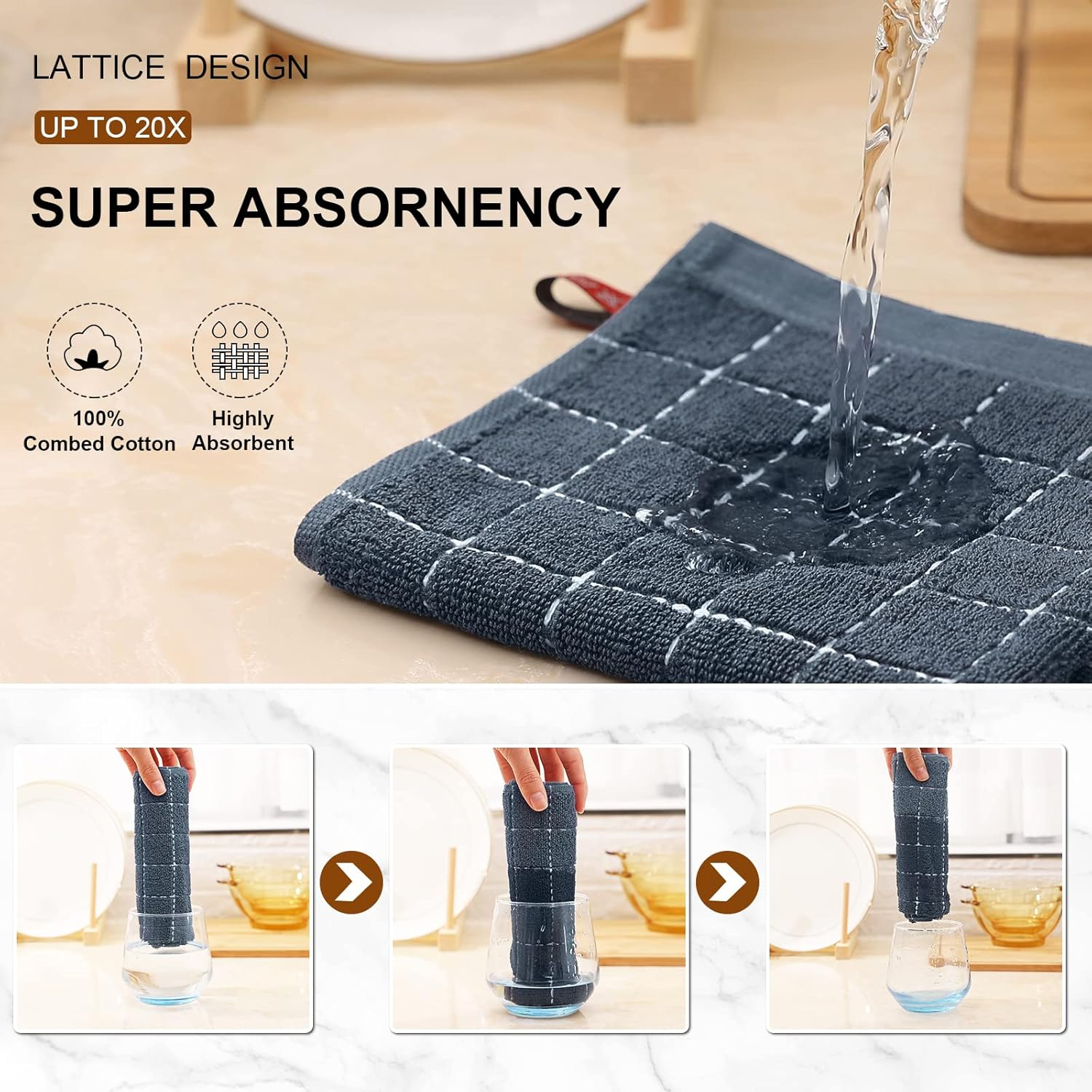 Mordimy 100% Cotton Terry Cloth Dish Cloths, Soft and Absorbent Checkered Dish Towels, Quick Drying Dish Rags for Washing Dishes, 12 Pack, 12 X 12 Inches, Grey image number 6