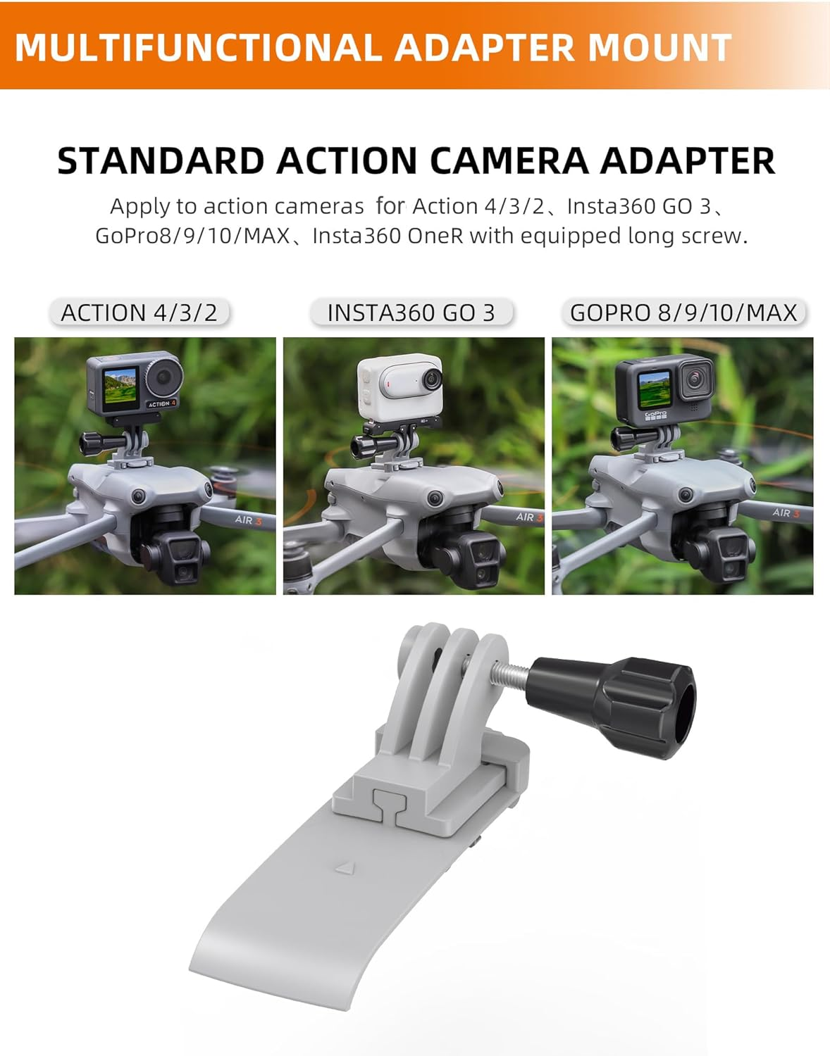 CERFFOOL Action Camera Mount for DJI Air 3 Drone for DJI Action 5 Pro 4/Gopro Hero 13 12 Black/Insta360 GO 3S 3/Insta360 X4 X3 Kit Adapter Extension Accessories image number 6