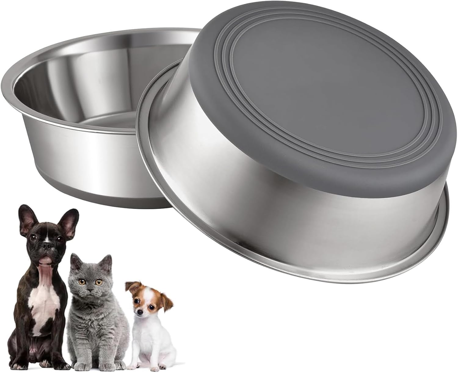 2 Pack Stainless Steel Dog Bowl Food Grade Metal Pet Bowls with Non-Slip Base, Rustproof & Chew-Proof Dog Bowl for Small/Medium Dogs, Dishwasher Safe Indoor/Outdoor Feeding Bowls Grey (14CM) image number 6