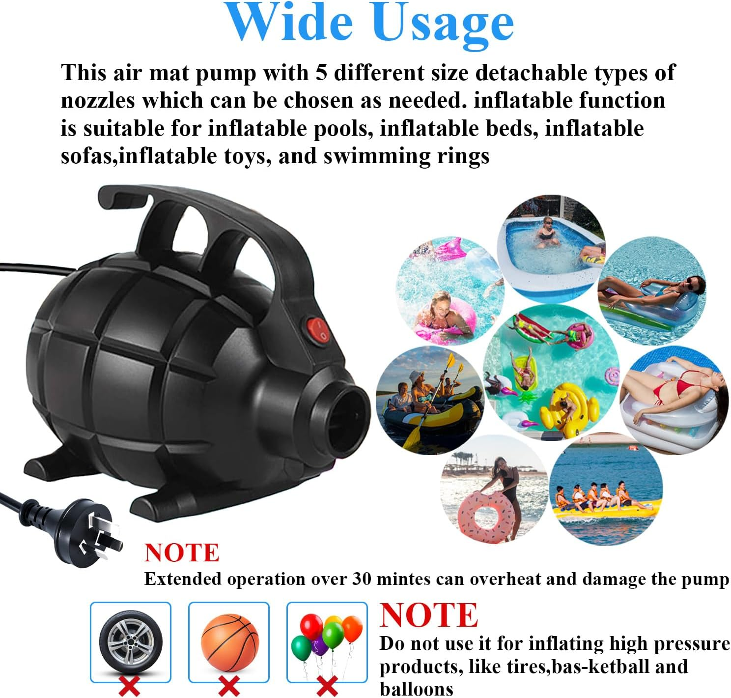 NOAEOU Electric Air Pump for Inflatables, AC (220V-240V), 600W, 20L/Min, Black, 5 Detachable Nozzles, Inflator/Deflator for Air Mattress, Swimming Rings, Airbeds, Rafts, Inflatable Sofas image number 2