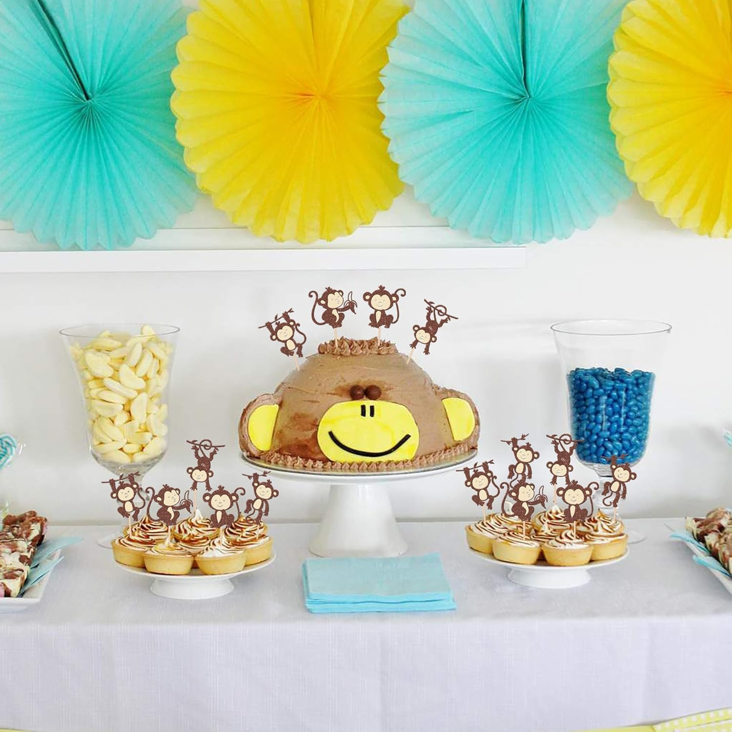 SYKYCTCY 30 Pack Monkey Cupcake Toppers Glitter Cut Monkey Animal Cupcake Picks for Forest Animals Zoo Theme Baby Shower Birthday Cupcake Decorations Party Supplies (Color-01)