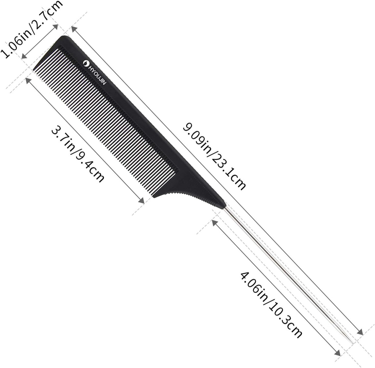 HYOUJIN 608 Black Carbon Rat Tail Combs Pin Tail Comb 100% anti Static 230℃ Heat Resistant Metal Parting Combs with Non-Skid Paddle for Hair Styling - Black image number 5