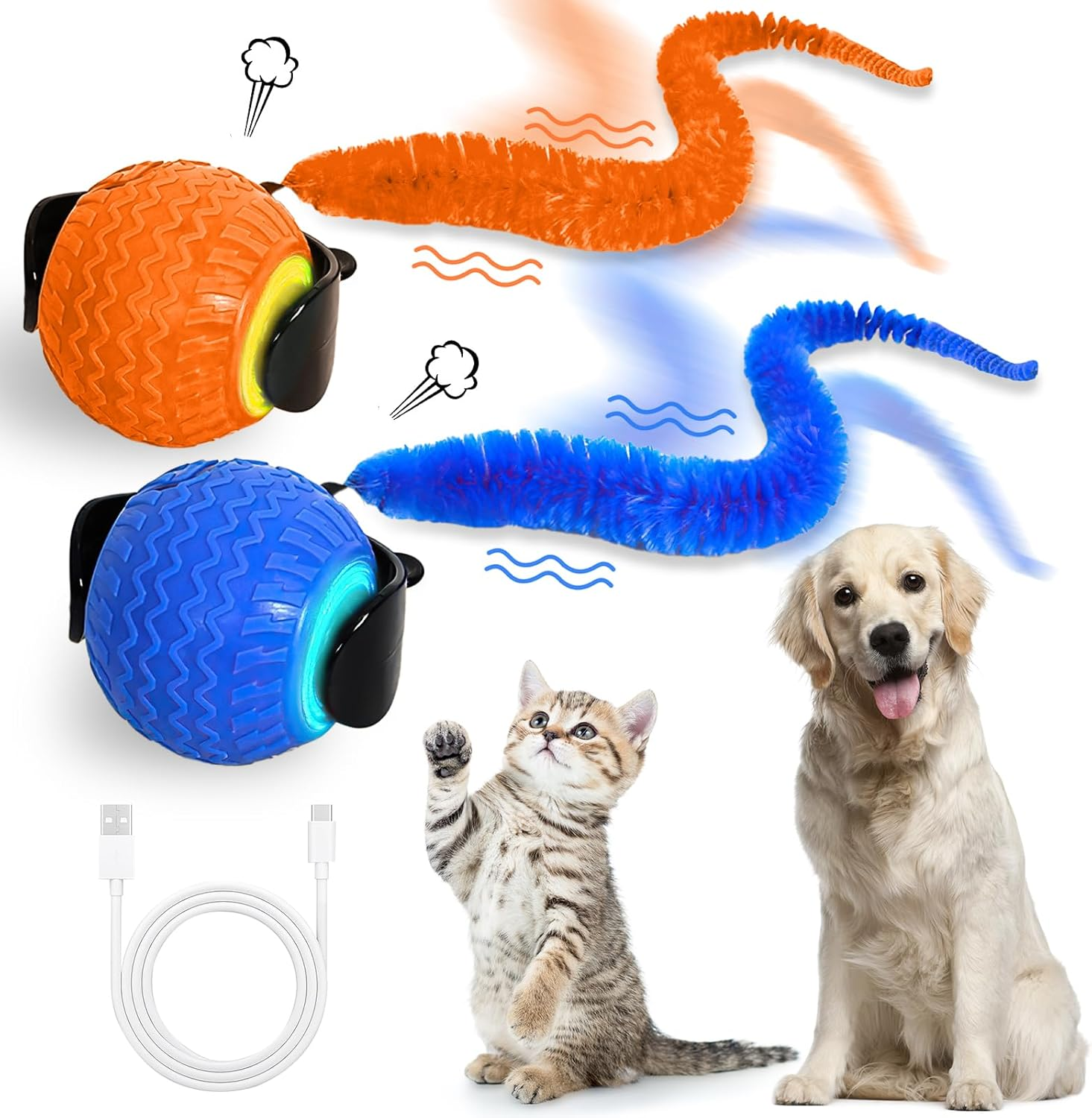 2Pcs Interactive Cat Toy for Indoor Cats, Speedy Ball with Tail, Automatic Moving Cat Balls for Bored Indoor Adult Cats, 360&deg;Automatic Rolling Ball Toy, Two Speed Adjustment（Orange&Blue）
