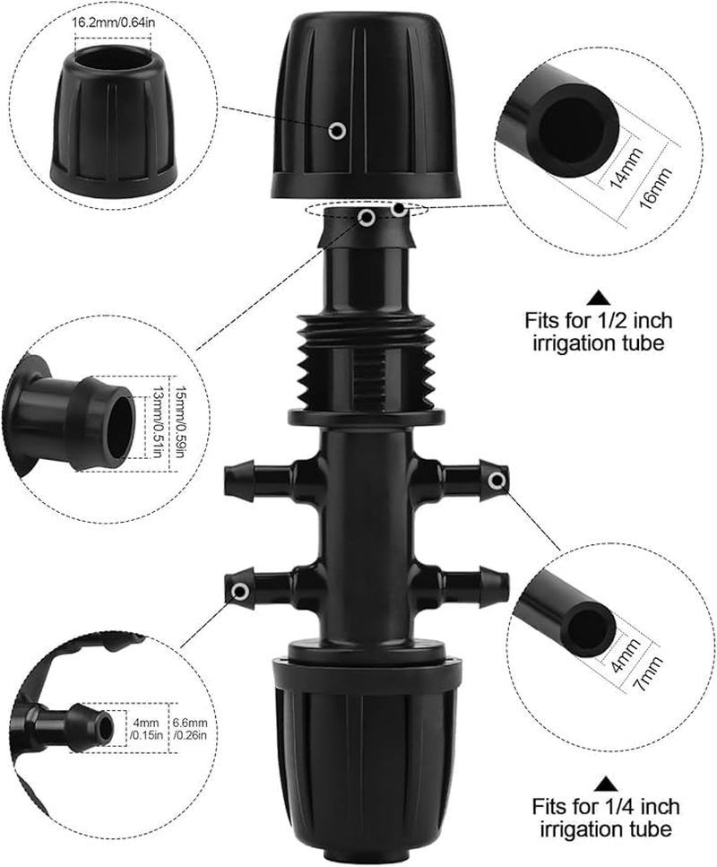 20PCS Barbed Tee 1/2" to 1/4" Drip Irrigation Fittings, Anti-Drop Barbed Hose Parts Connectors for 12Mm/16Mm to 4Mm/7Mm Drip Systems 6 Way Adapter（Black） image number 1