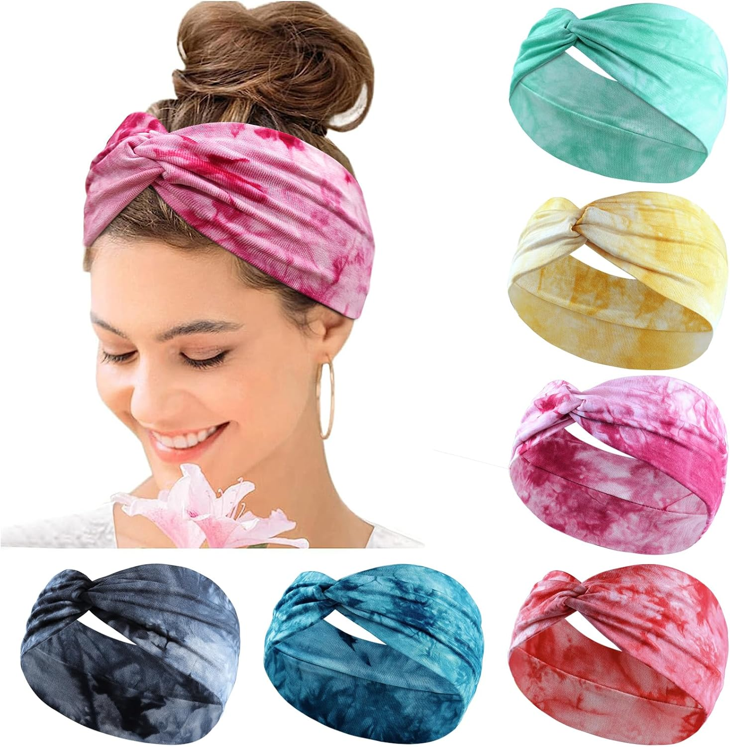 Women'S Hair Bands Wide Elastic Soft 6 Pieces Summer Boho Headband Print Hair Accessories Yoga Sports Hairband Multicoloured Thin Headbands (G) - Multi-Coloured 8 image number 3