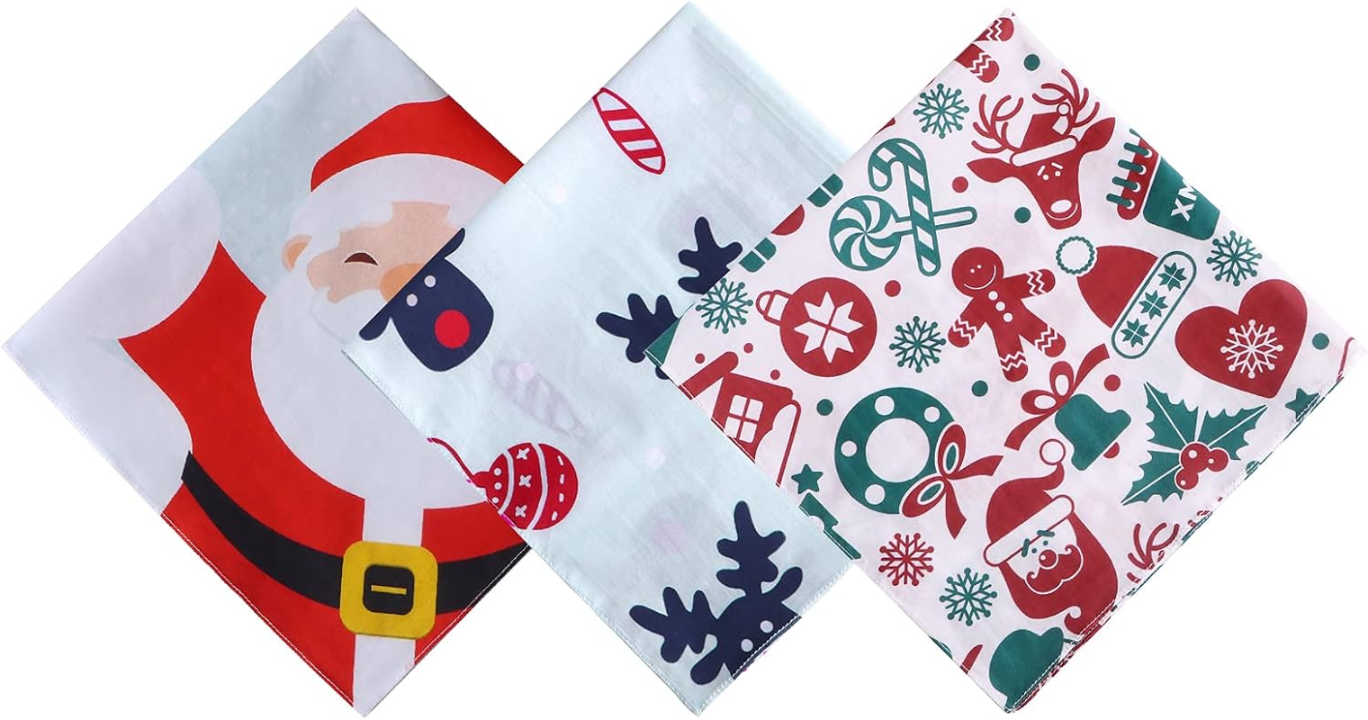 HOULIFE Christmas Handkerchief &ndash; Handkerchiefs for Ladies Cotton, 100% 60S Combed Cotton Xmas Santa Claus Moose Trees Sock Gingerbread Man Hankies Gift Set for Women Men Kids, 3/6 Pieces, 40X40Cm