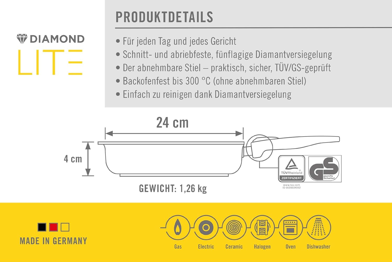 Woll Diamond Lite Grill Pan 24 X 24 Cm Square with Grooves and Removable Handle - Non-Stick Cast Aluminium, Oven-Safe, Suitable for Ceramic, Gas, Electric & Halogen - Grill Pan image number 1