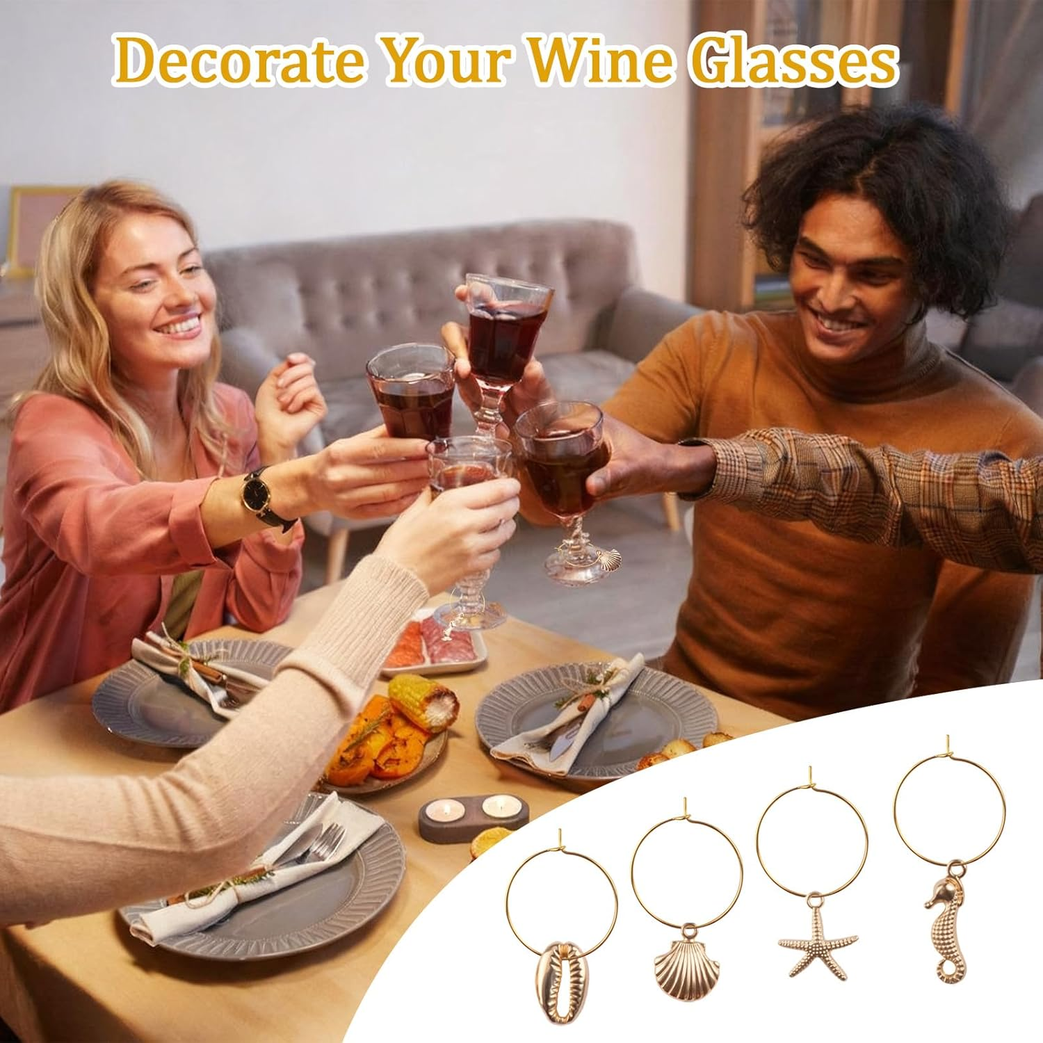 HICOHAND Wine Glass Charms, 32PCS Marine-Animal Wine Glass Identification Markers DIY Reusable Drink Identifier for Birthday Wedding Anniversary Thanksgiving Party image number 5