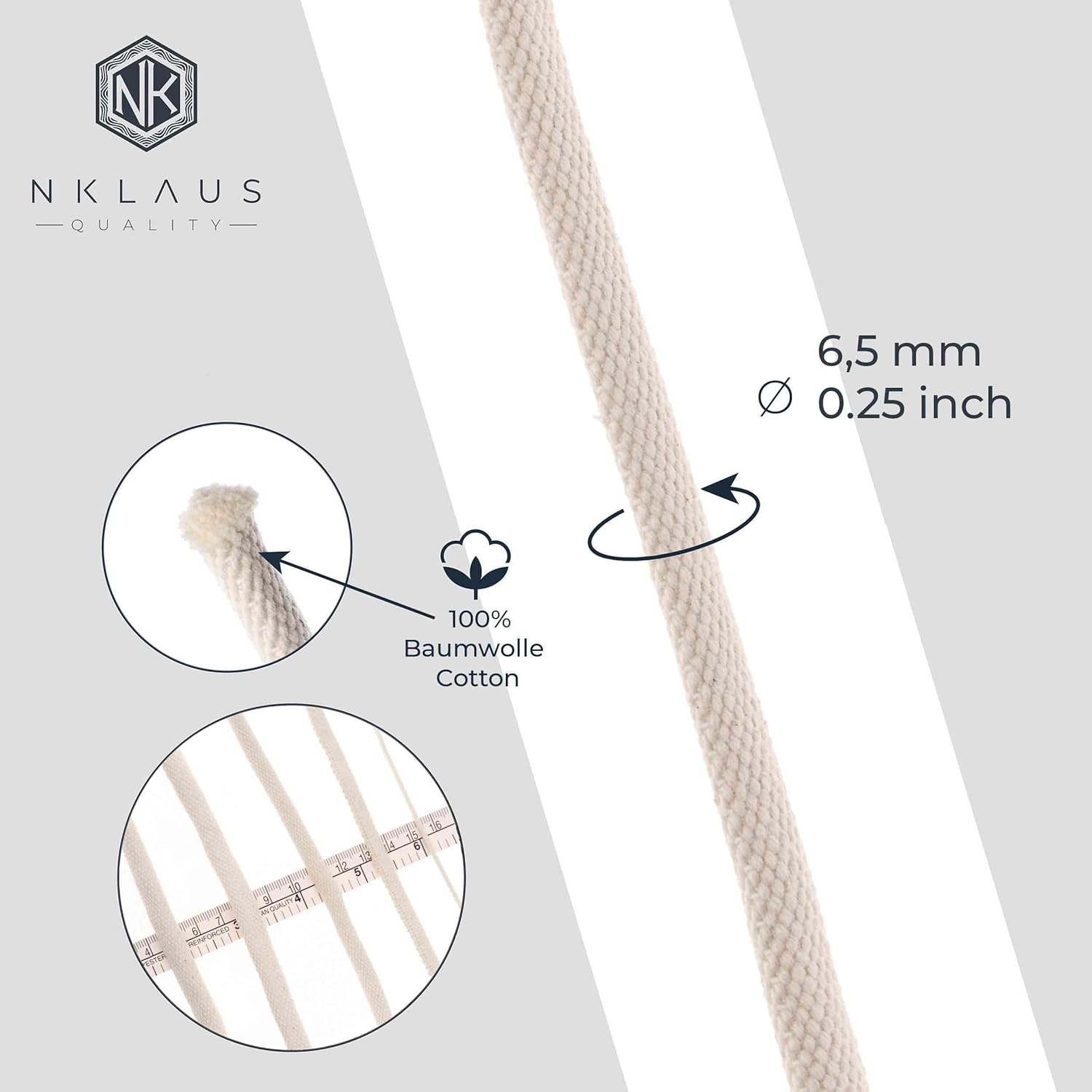 Nklaus Cotton Wick 6.5 Mm Diameter - 1 M round Wick for Oil Lamps, Garden Torch, Bamboo Torch, Absorbent & Braided 16526