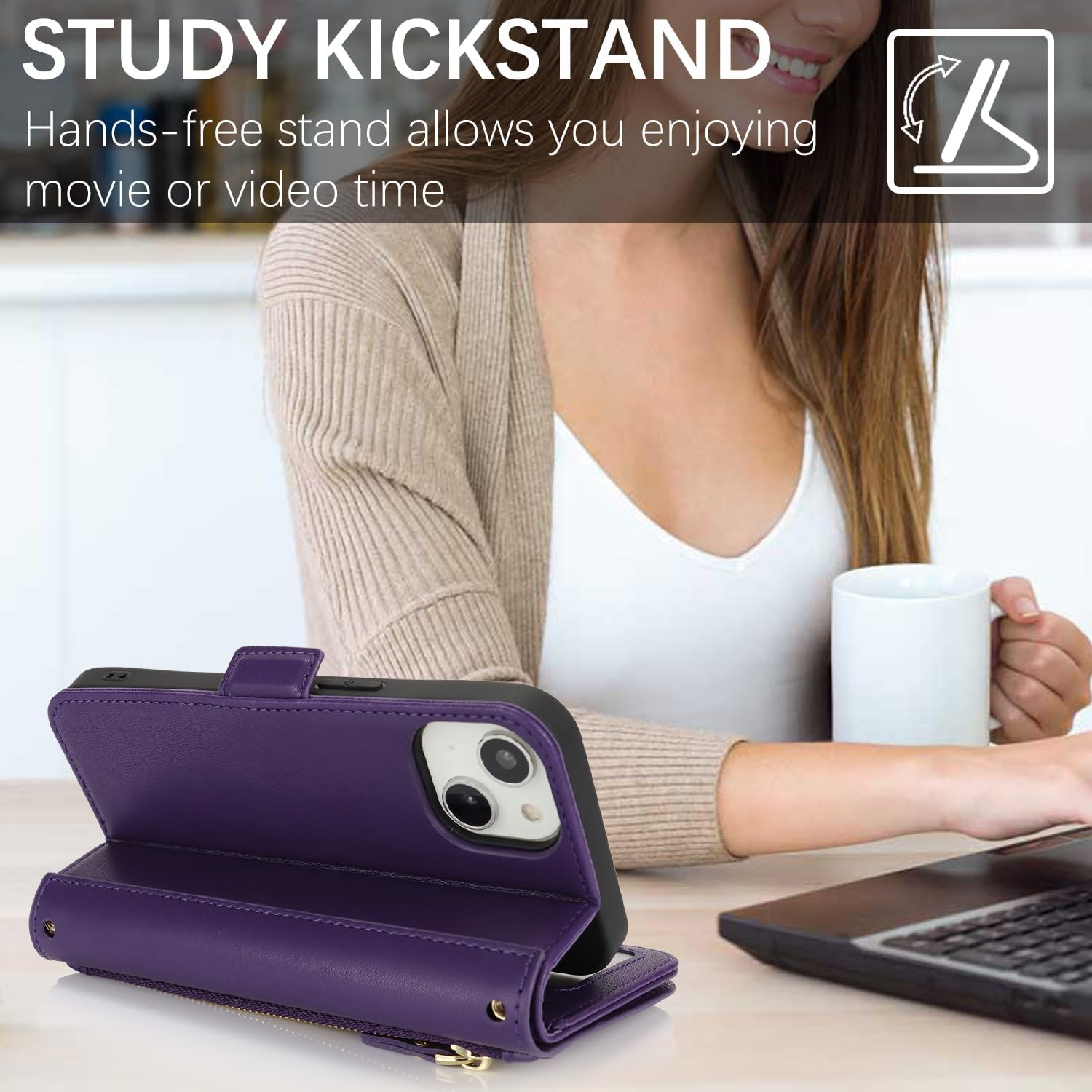 Sunyoo for Iphone 15 Case Leather Wallet with Card Holders Money Slots Wrist Strap for Women Men RFID Blocking Purse for Iphone15 Zipper Coin Pocket Cover Kickstand Folio Flip Case Purple