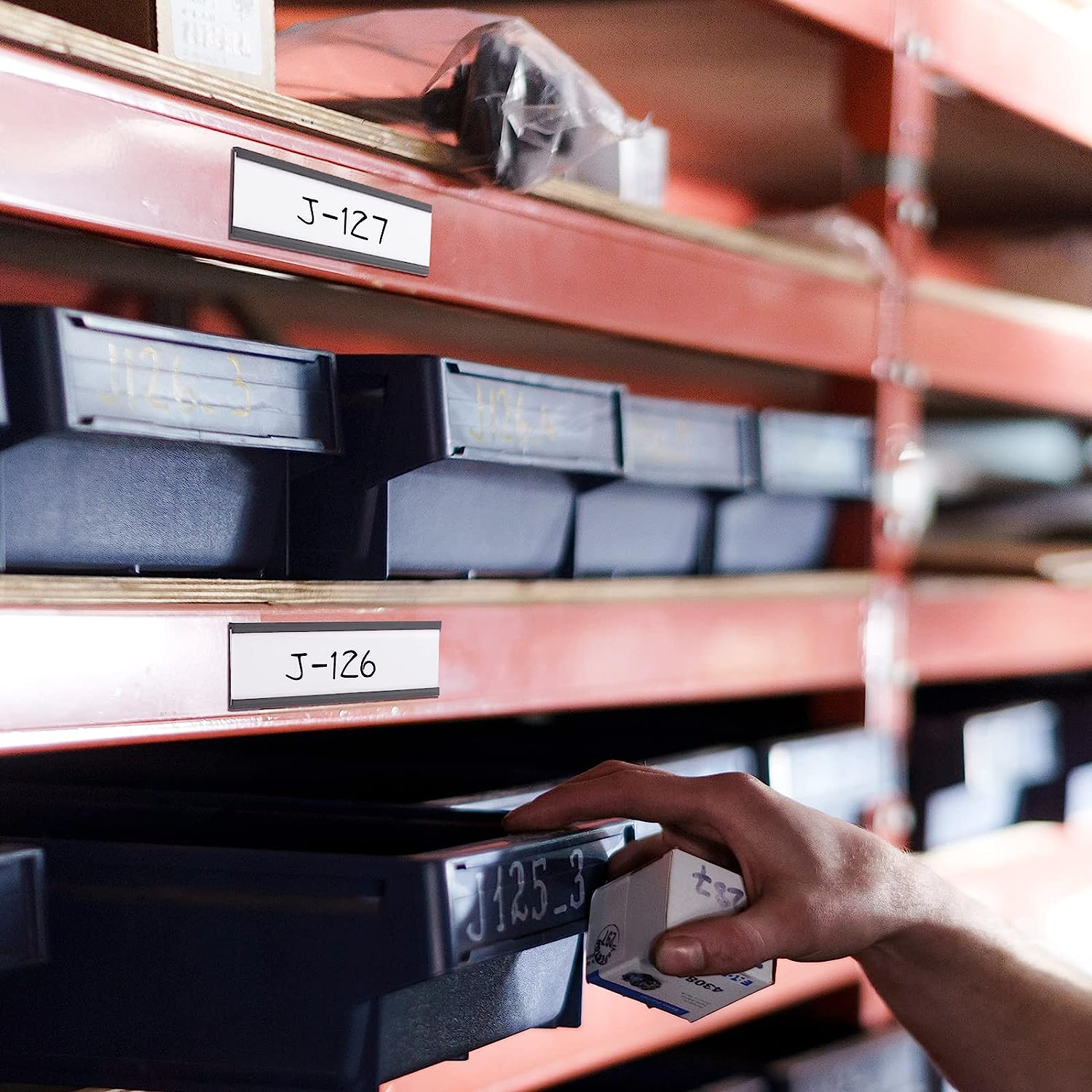 80Pcs 3X1 Inch Magnetic Label Holders, FHDUSRYO &ldquo;C&rdquo; Channel Magnet Label Card Racks with 80 Clear Protective Films and 160 White Paper Strips for Office, Warehouse, Shelf, Cabinet image number 1