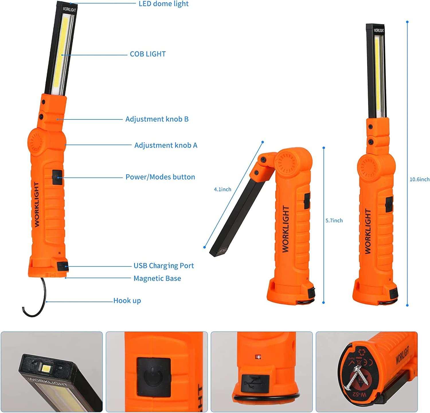 LED Rechargeable Work Light Flashlight Torch,Vagocom USB Portable COB Bright Inspection Lamp,Small Lantern with Magnetic Base for Mechanic Tools,Mechanic,Camping,Emergency,Workshop(1 Pack)
