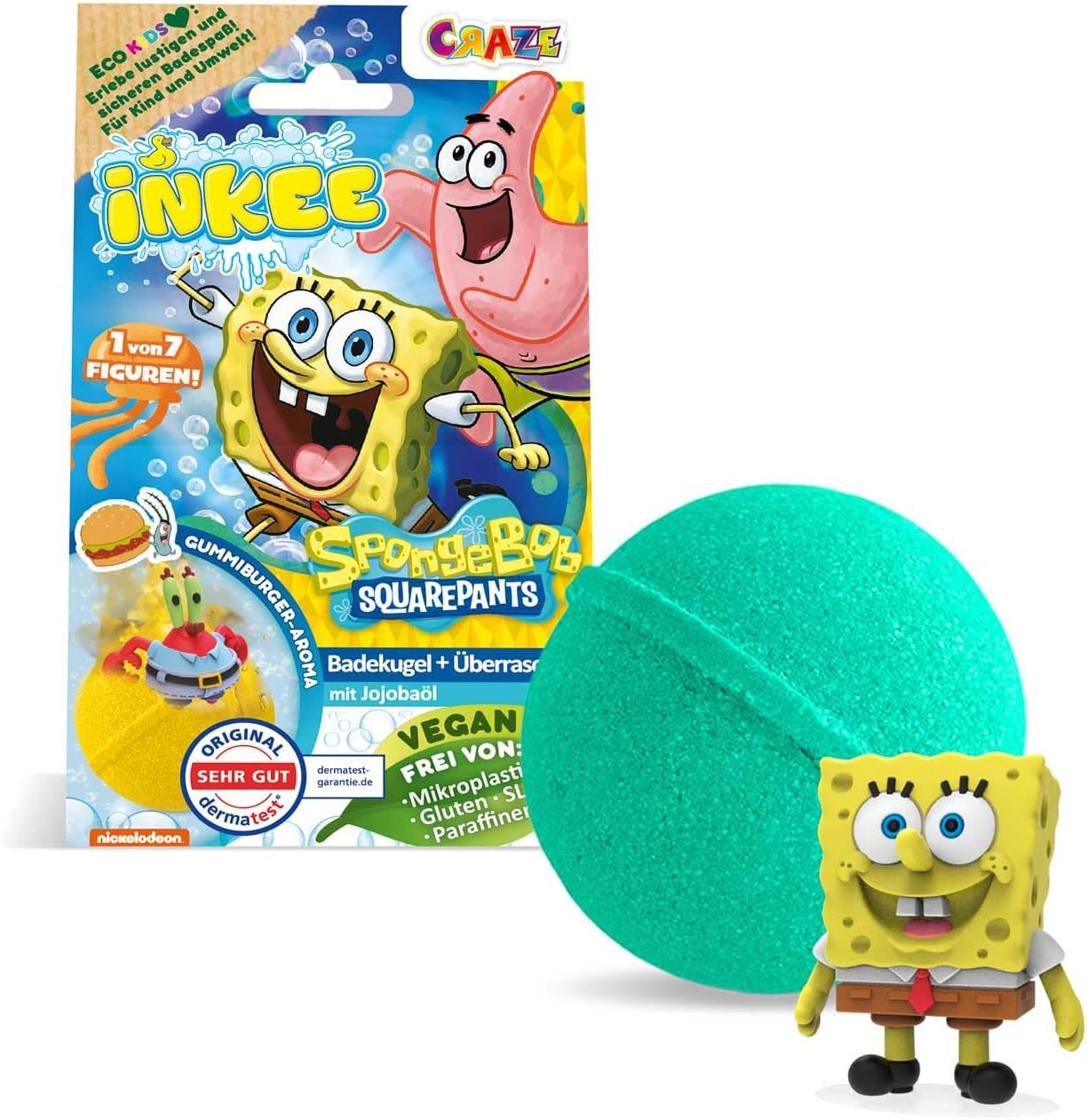 INKEE Spongebob - Bath Bomb Children with Surprise - Spongebob Squarepants Figures to Collect - Bath Ball 80 G with Burger Rubber Aroma and Jojoba Oil, Turquoise or Yellow image number 4