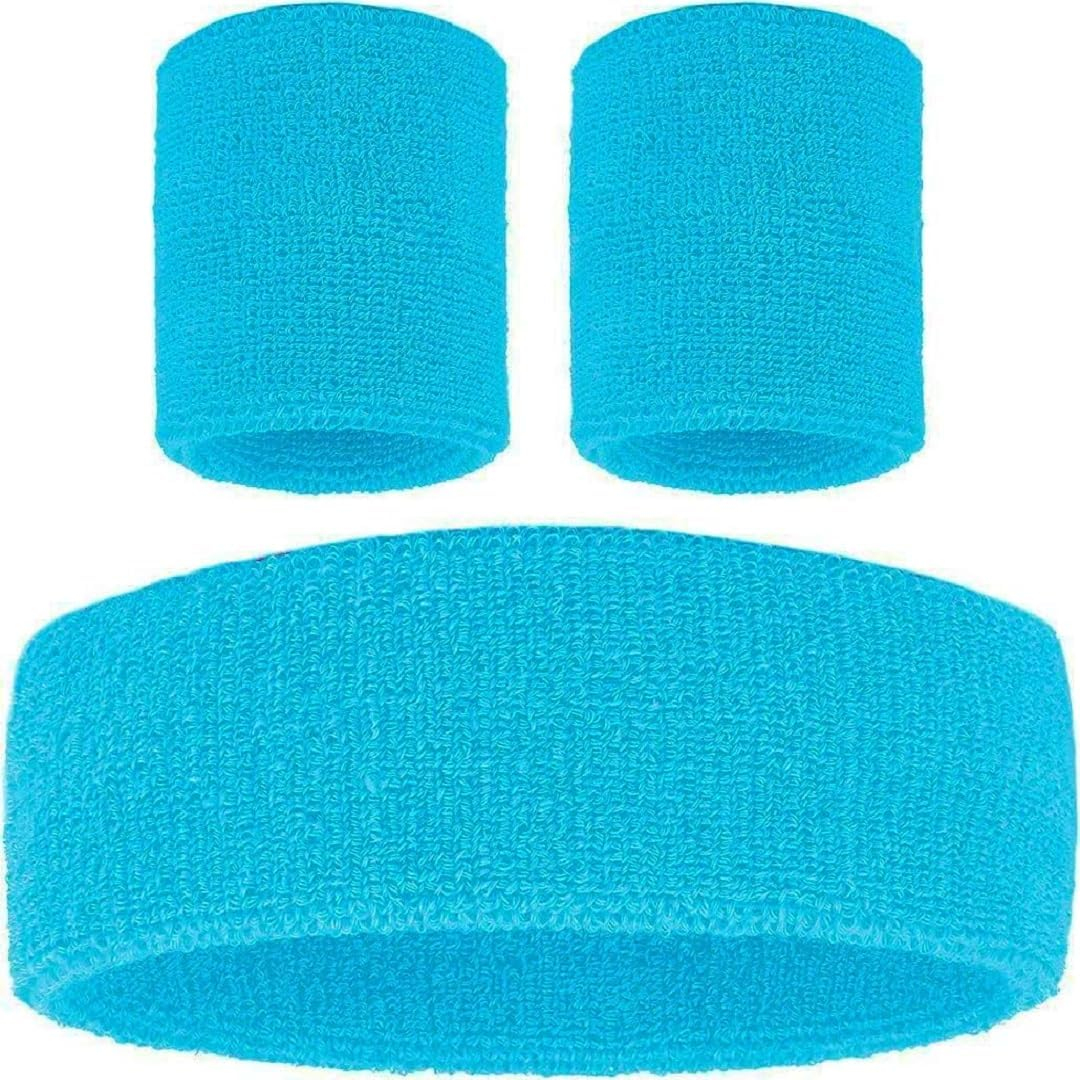 80S Neon Sweatbands Headband and Wristbands Set Includes Pink, Blue, Yellow, Green, Sweat Bands Headbands for Women with Matching Wristbands, Sweatbands for Men and Women image number 2