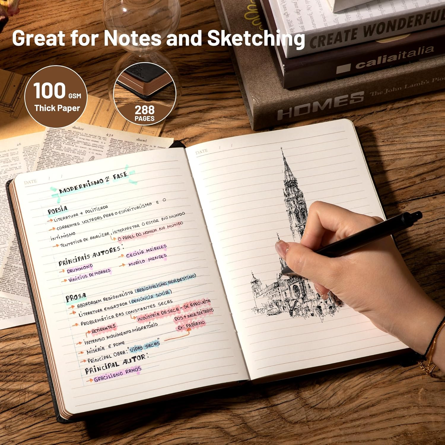 CAGIE Compass Leather Notebook Journal for Men, 100 GSM 288 Pages Lined Journals for Writing, A5 Hardcover Journaling Notebooks Gift Set with Pen for Travel Office Daily Writing - Black - Brown image number 5