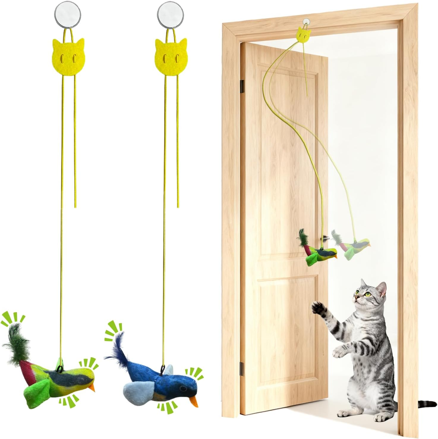 Hahago Pack of 2 Cat Toys Self-Employment Hanging Door Frame with Elastic Flutter Bird Lifelike Snipe Chirping Interactive Cat Toy with Catnip image number 5