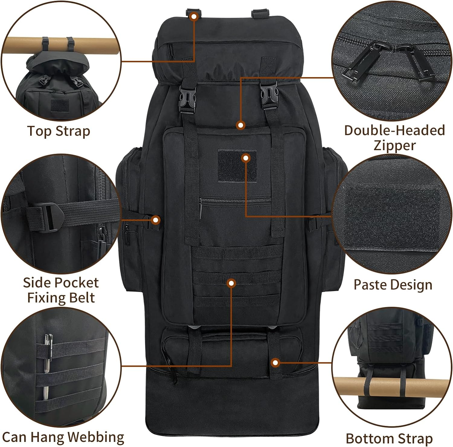 Vaupan Hiking Backpack, 100L Large Camping Backpack, Expandable Waterproof Molle Rucksack, Outdoor Sport Travel Daypack Military Tactical Backpack for Men Women (Black)