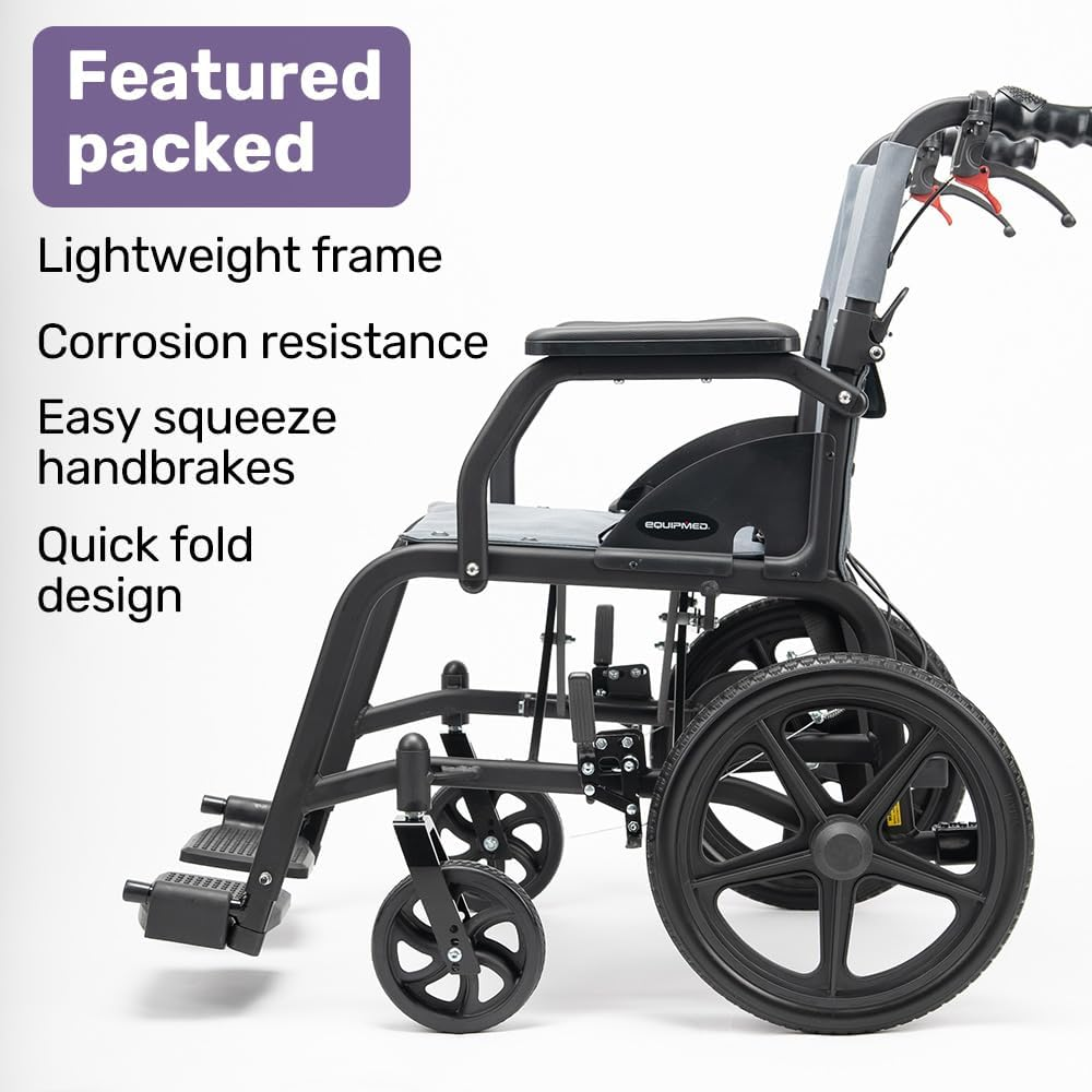 Equipmed Folding Transit Wheelchair, Lightweight Aluminium for Easy Transport, Grey image number 1