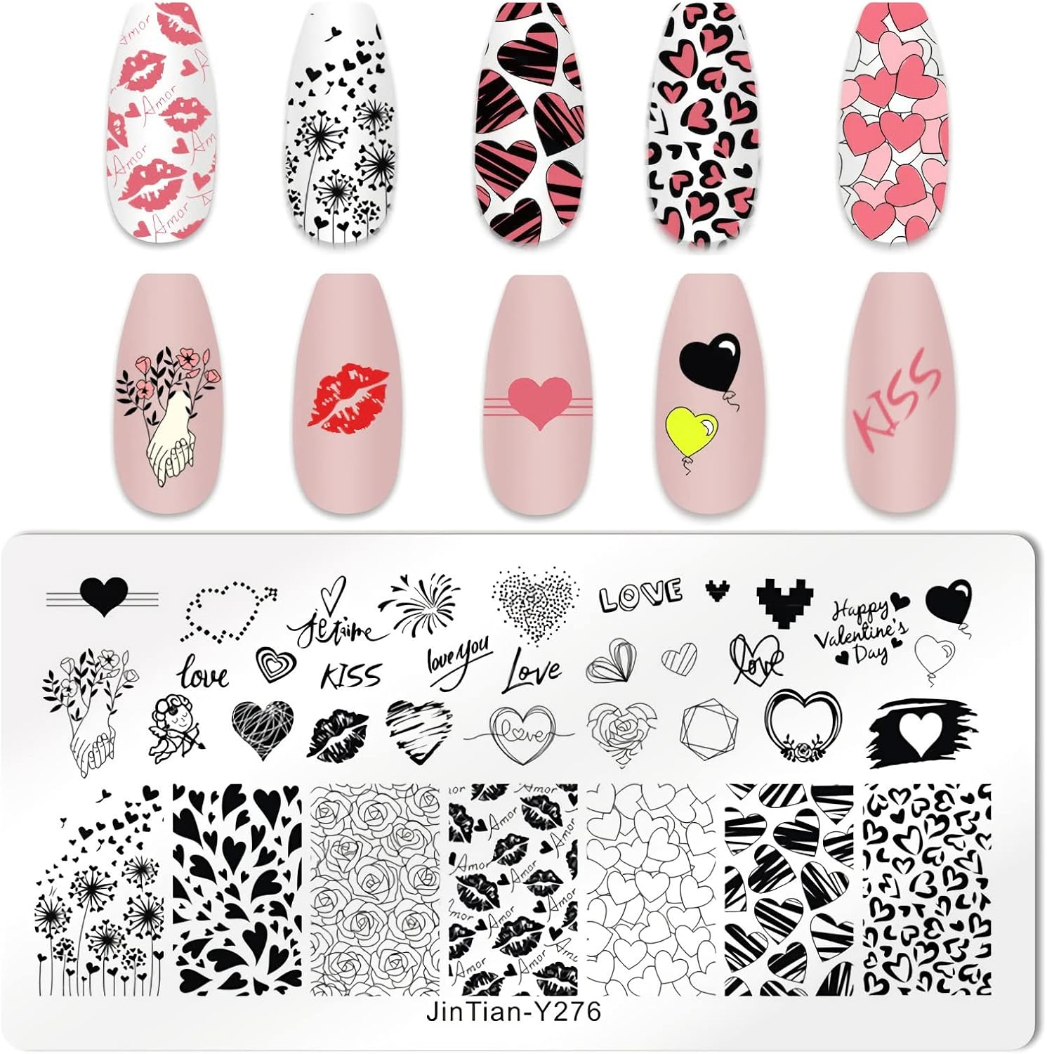 6PCS Valentine Nail Stamping Plates Kit with 1PCS Stamper & Scraper, Heart Nail Art Stamp Templates with Heart Lips Diamond Love Design for DIY Valentine'S Day Nail Decoration image number 5
