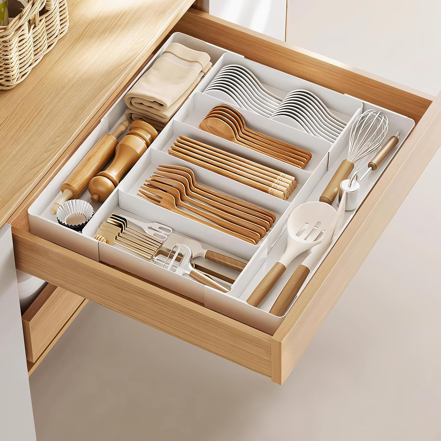 Cutlery Drawer Organiser, Expandable(10.6"-20") Utensil Drawer Organiser, Kitchen Drawer Organizer with 9 Compartments and Non-Slip Base, 4-Way Adjustable Cutlery Tray Organizer for Spoons Forks image number 5