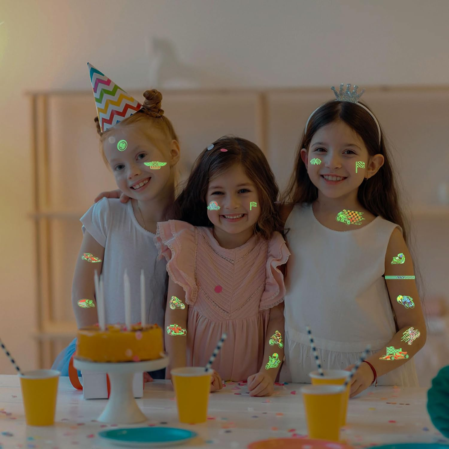 CCINEE 12 Sheets Monster Truck Temporary Tattoos for Kids,93 Pcs Luminous Groovy Racing Car Trophy Wheel Checkered Flag Tattoo Stickers for Birthday Party Supplies Classroom Rewards