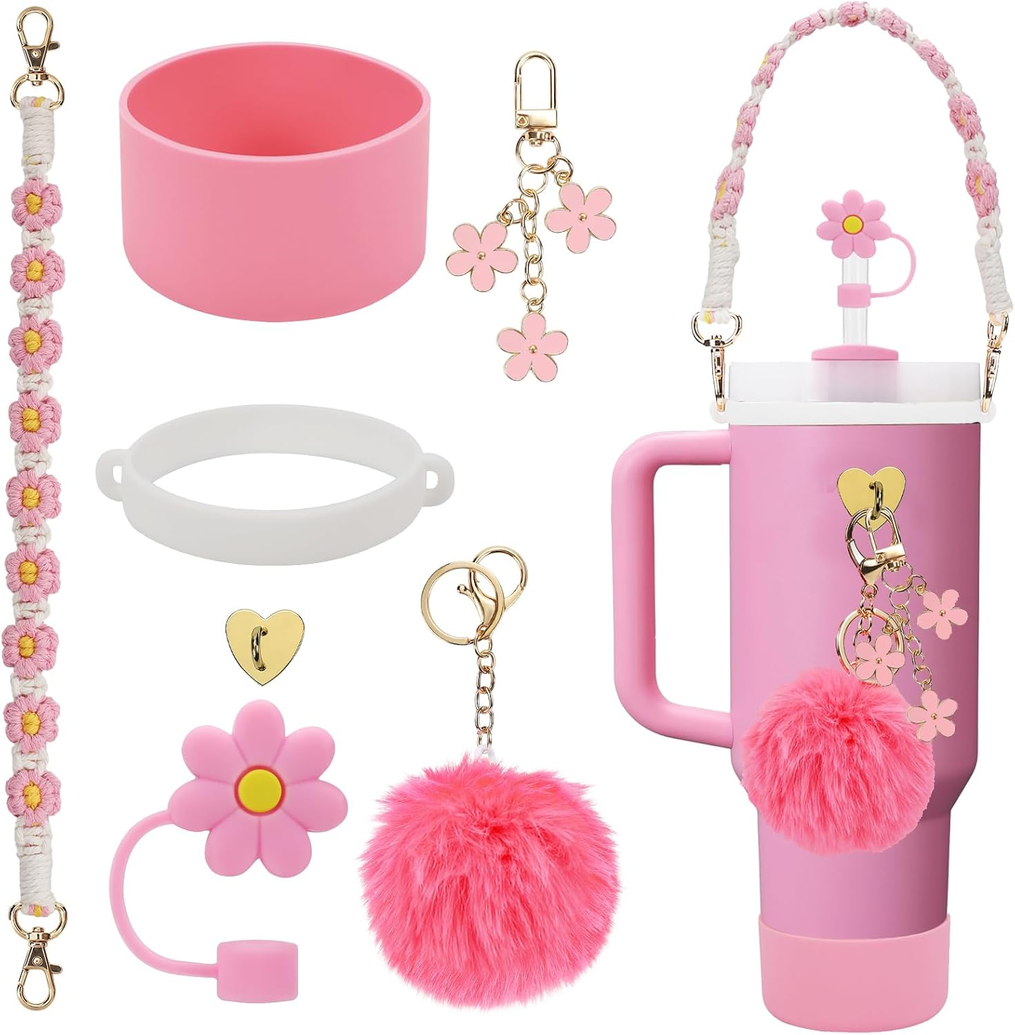 Stanley Cup Accessories Set Including Water Bottle Handle Strap, Siliocne Stanley Cup Boot, Siliocne Straw Cover, Stanley Charms for Stanley Cup 40Oz & 30Oz Tumbler