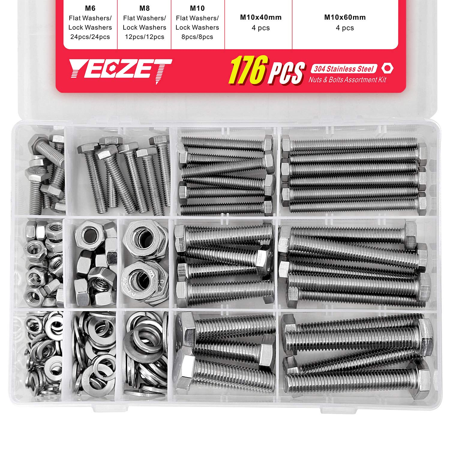 YEEZET 176PCS M6 M8 M10 Heavy Duty Bolts and Nuts Assortment Kit, 304 Stainless Steel, Includes 8 Most Common Sizes