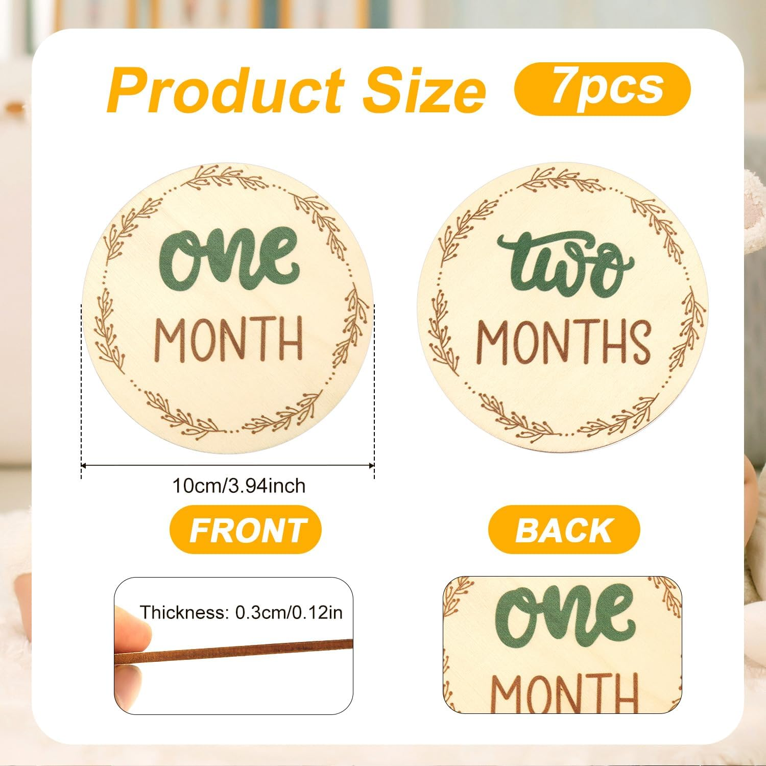 7Pcs Wooden Baby Monthly Milestone Cards, Baby Months Signs Double-Sided Baby Growth Signs Monthly Discs Monthly Photo Props Monthly Markers for Baby Practical Supplies to Record Growth image number 6
