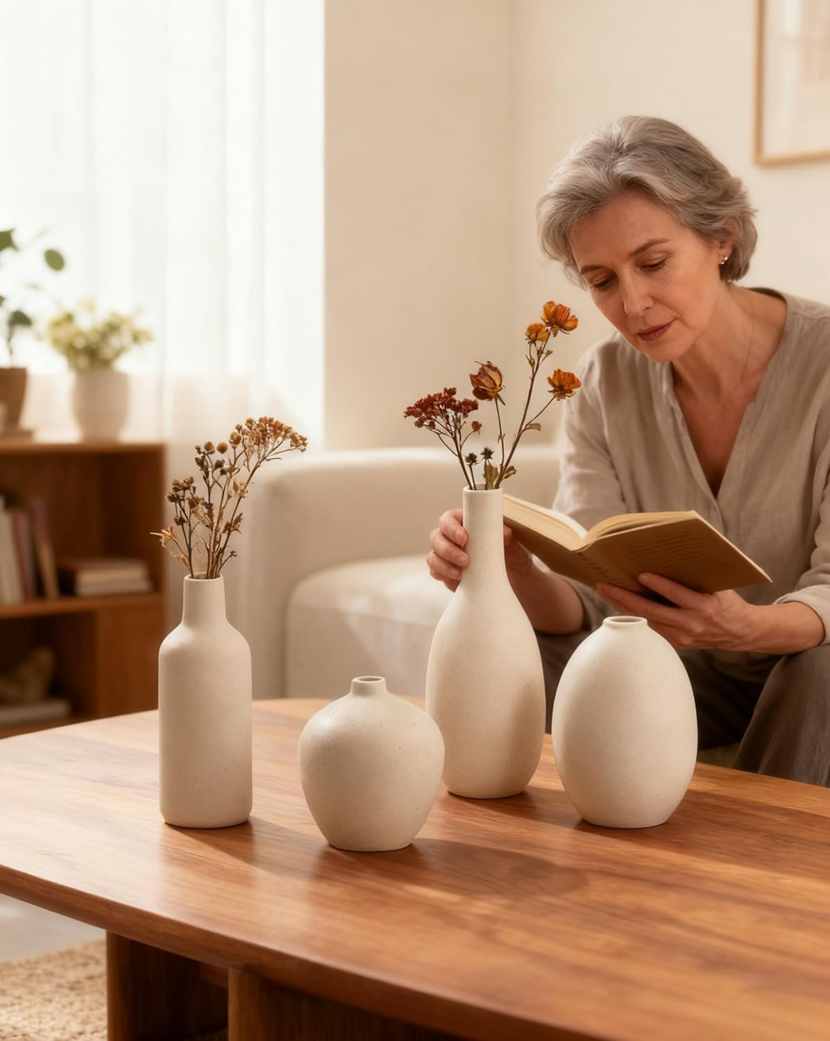 VASETOPIA Beige Vase Set of 4, Elegant Ceramic Flower Vase Minimalist Boho Home Decorations for Living Room, Table, Gifts (09 Beige) image number 1