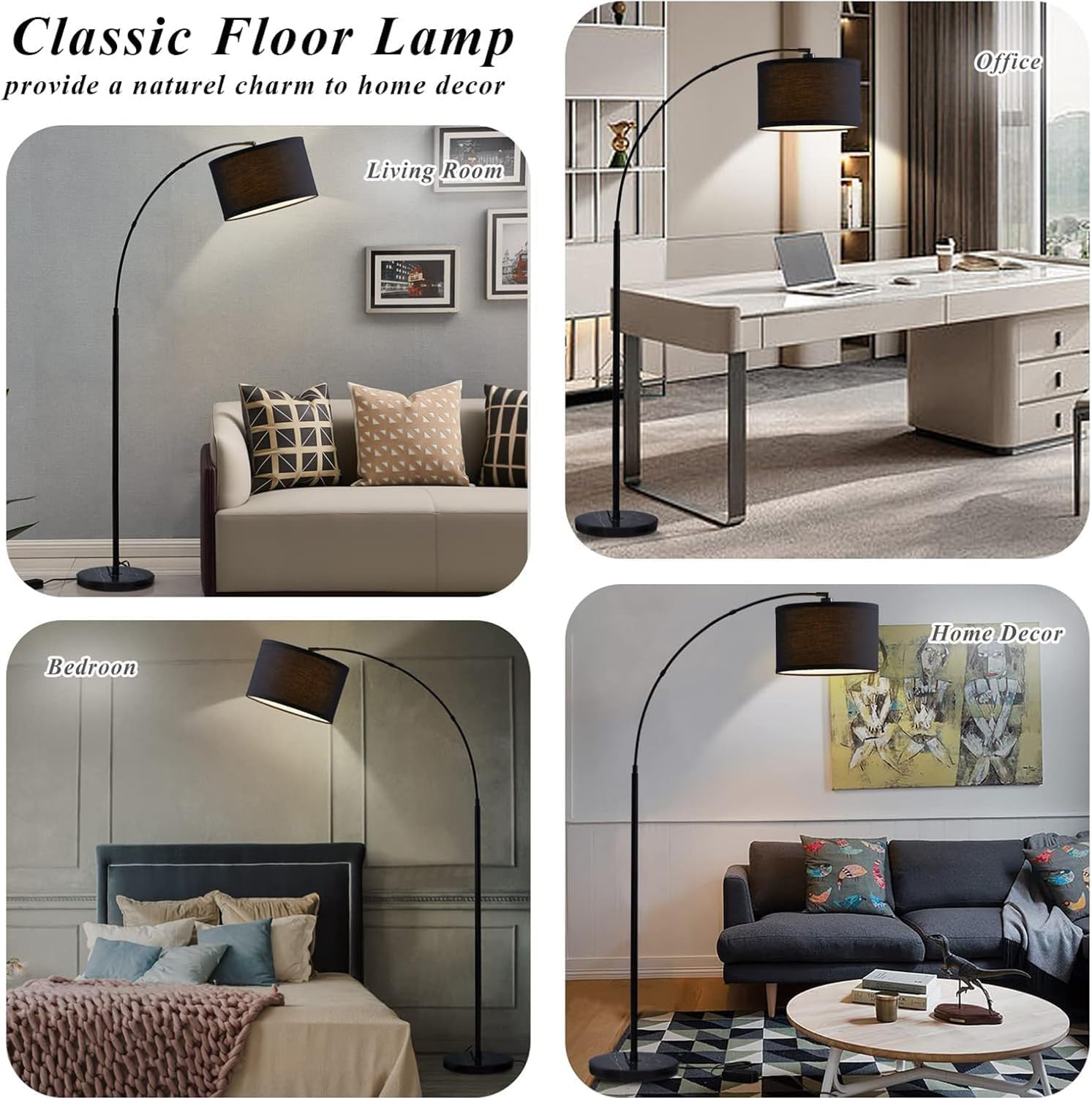 Modern Curved Floor Lamp with Remote Control, 3-Level Dimmable Standing Lamp, Adjustable Height, Marble Base, Warm Light, Floor Lamps for Living Room, Bedroom, Office &ndash; 12W 185Cm (White) image number 2