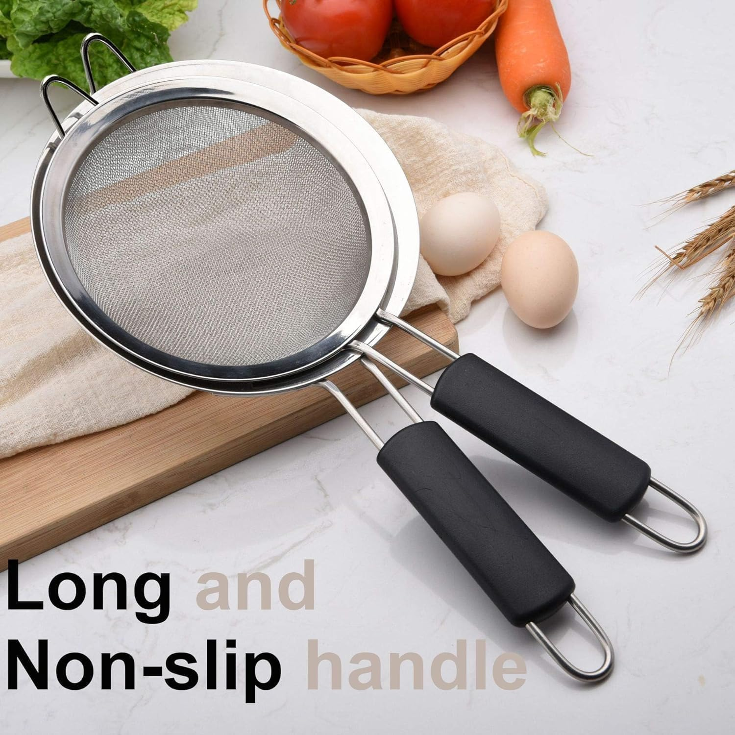 3 Pack Stainless Steel Extra Fine Double Mesh Strainers, Large, Medium & Small Sifters with Comfortable & Non Slip Handles, Ideal for Pasta, Rice, Tea, Spaghetti, Quinoa, Baking image number 1