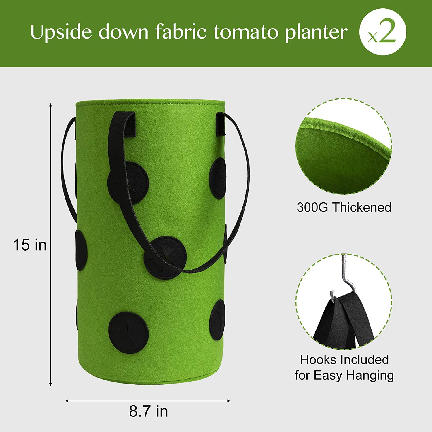 2 Pack Black and Green Upside down Tomato & Herb Planter, Hanging Durable Aeration Fabric Strawberry Planter Bags