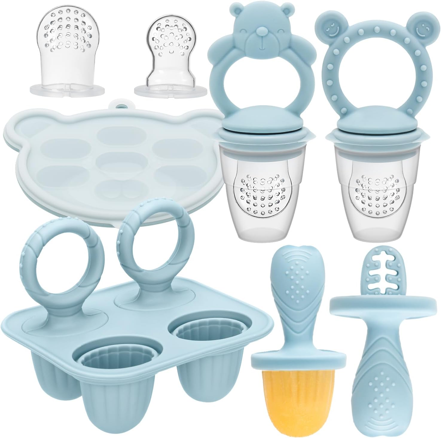 MR.TIMELAG Baby Fruit Feeder & Popsicle Molds 6-In-1 Set - Silicone Teething Mitts, Freezer Trays, Pacifiers & Ice Lolly Makers (Blue Bear + Smiley) - Bpa-Free Infant Feeding & DIY Frozen Treat Kit image number 1