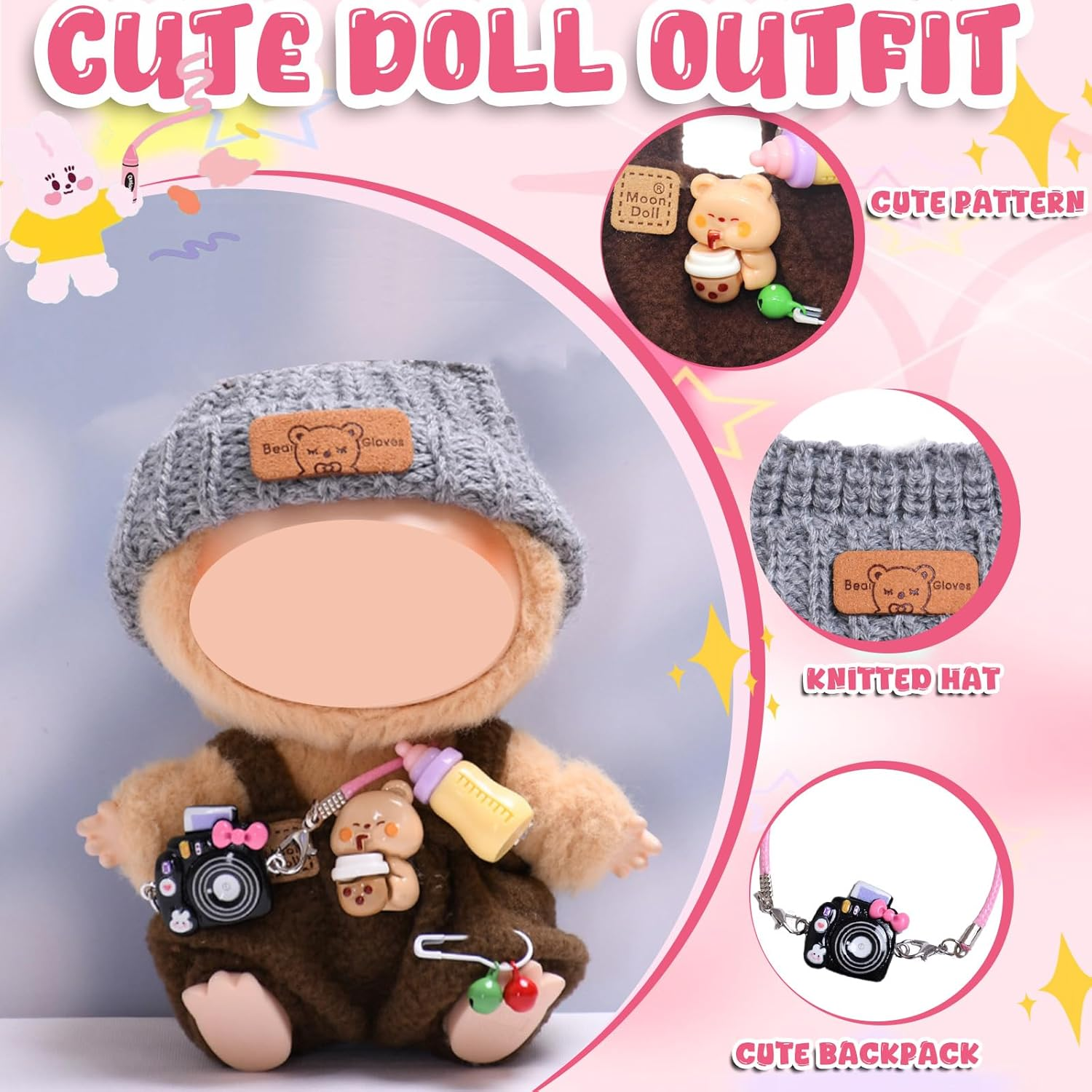 Pack of 7 Clothes for Doll, 17 Cm Doll Clothes Accessories with Grey Hat Dungarees Camera Brown Hat Clothing Vest Trousers for Boys Girls Gifts (Doll Not Included) image number 2