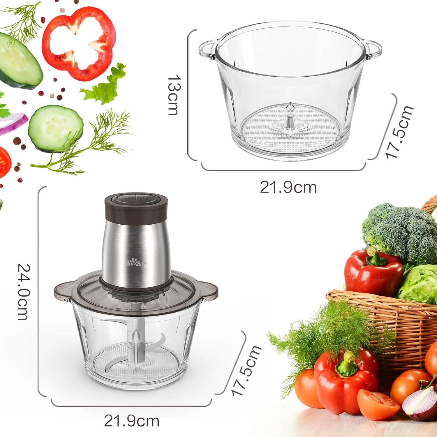 Bear 2L Food Processors 300W Electric Vegetable Chopper Glass Container with 4-304 Stainless Steel Knife for Meat, Smoothie, Onions, Fruit, Vegetables image number 4