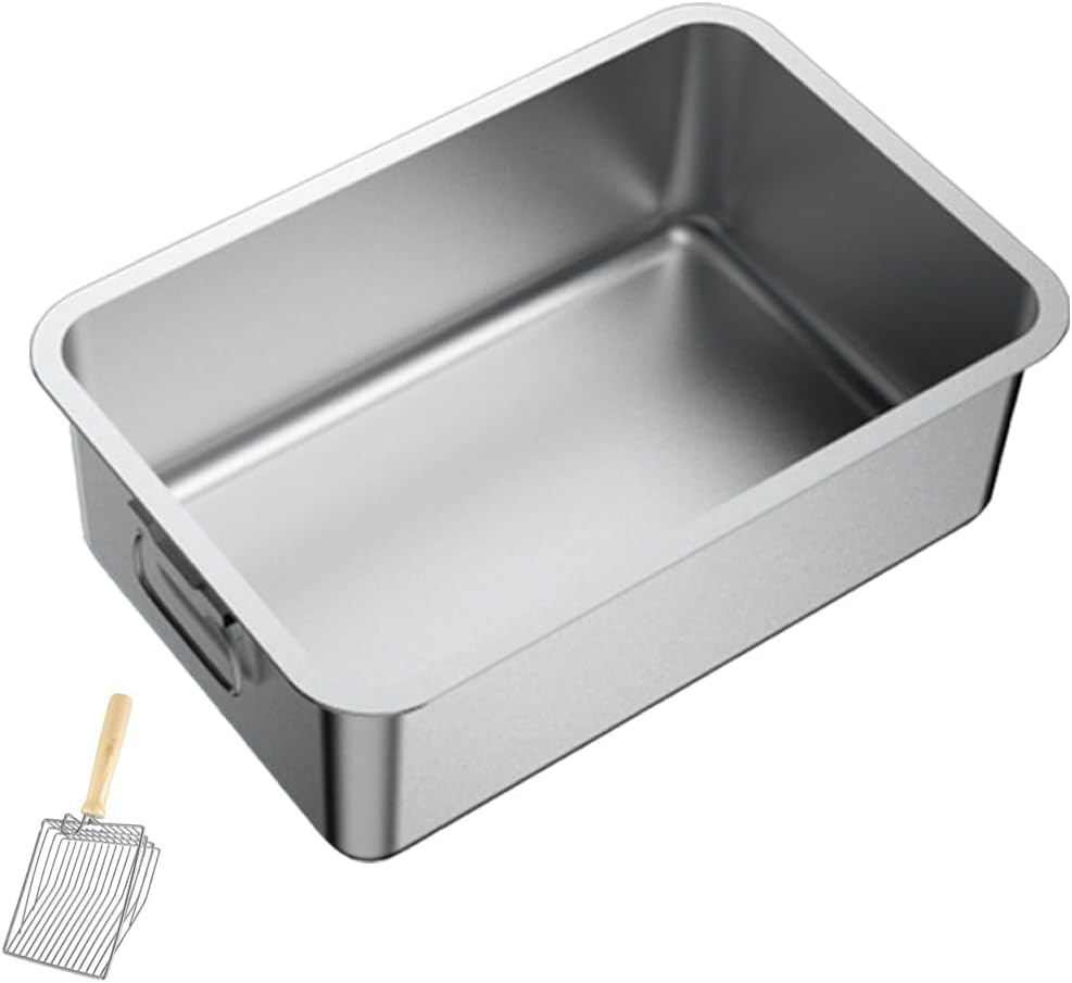 1 Pack Stainless Steel Cat Litter Box with 1 Cat Litter Scoop,Extra Large Litter Box for Pet,With Carry Handle,Easy Clean,Non-Stick Smooth Surface (45(L)*35(W)*10(H) CM 1Pack) image number 4