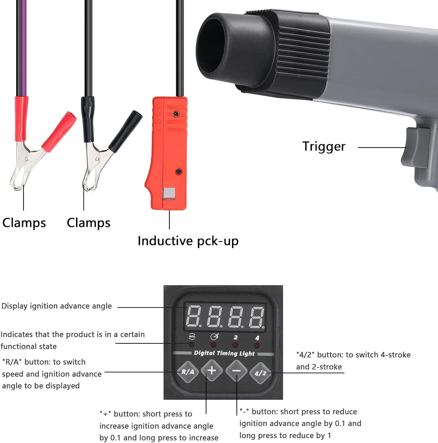 Oimzzr 12 V Professional Digital Display Inductive Timing Light Car Motorcycle Petrol Engine Ignition Timing Strobe Lamp Detector Auto Motorcycle Detection Diagnosis Tool image number 3
