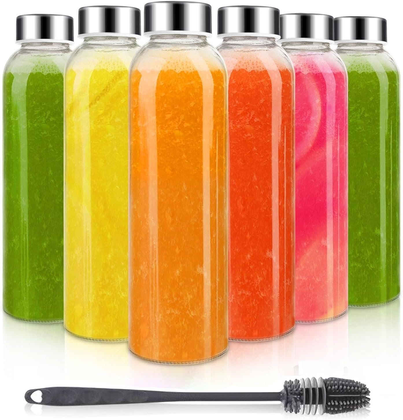 Glass Water Bottles with Stainless Steel Leak Proof Lids,18 Oz Glass Juice Bottles Set of 6,BPA Free,Reusable Drinking Bottle,Beverage Storage Container for Refrigerator,With Cleaning Brush