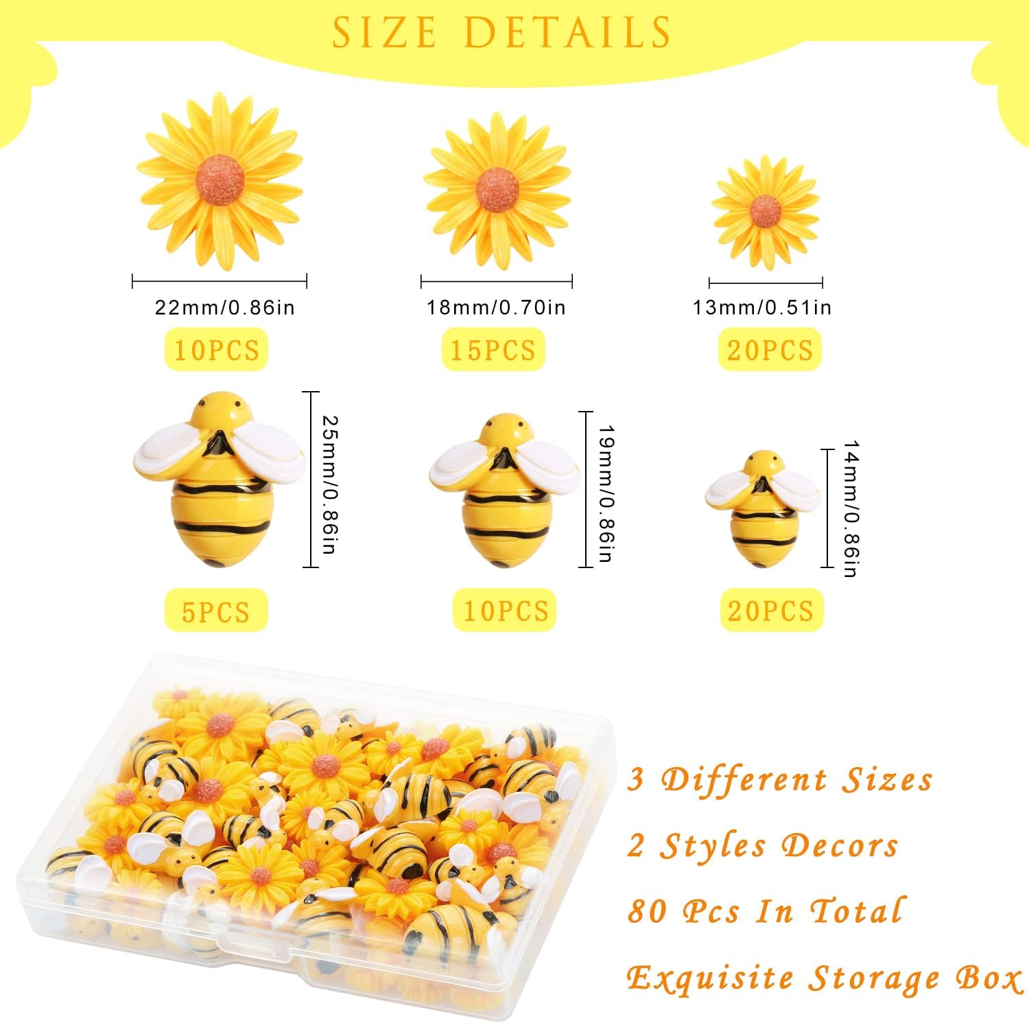 CCOZN 80 Pieces Tiny Resin Bees Daisy Flowers, Flatback Daisy Flowers Bumble Bees Embellishment Bee Decors with Box DIY Wreath Cake Decorations Flowers Bee for Crafts Two Groovy Party Decor
