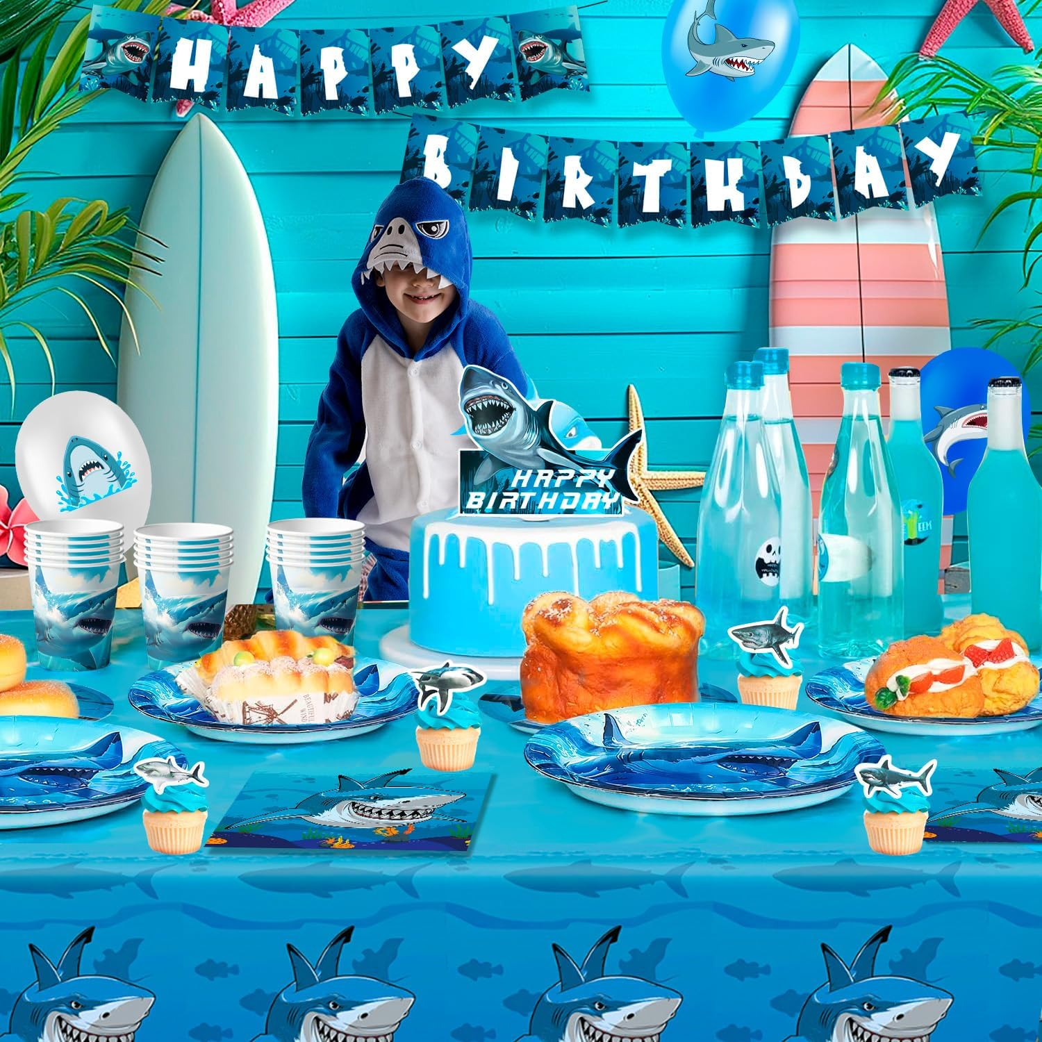 Shark Party Supplies,81 Pcs Shark Birthday Party Decorations & Shark Party Tableware Set - Shark Plates and Napkins Tablecloths & Shark Balloons Banner Shark Cake Toppers Etc Decorations image number 4