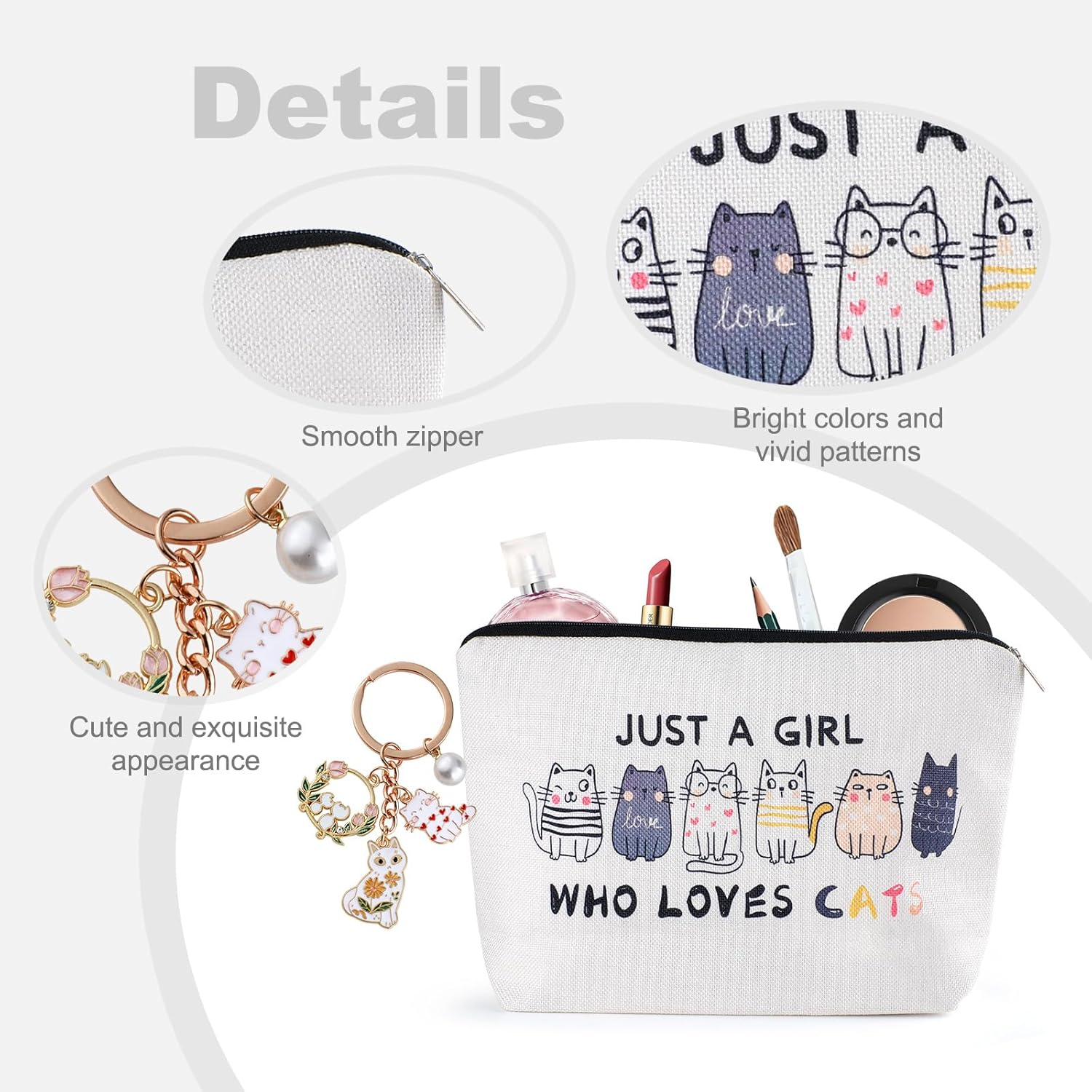 2 PCS Cat Bag for Women - Personalised Makeup Bag Set with Keyring, Themed Travel Cosmetic Zipper Pouch, Cute Keychain for Car Keys/Purses/Handbags image number 6